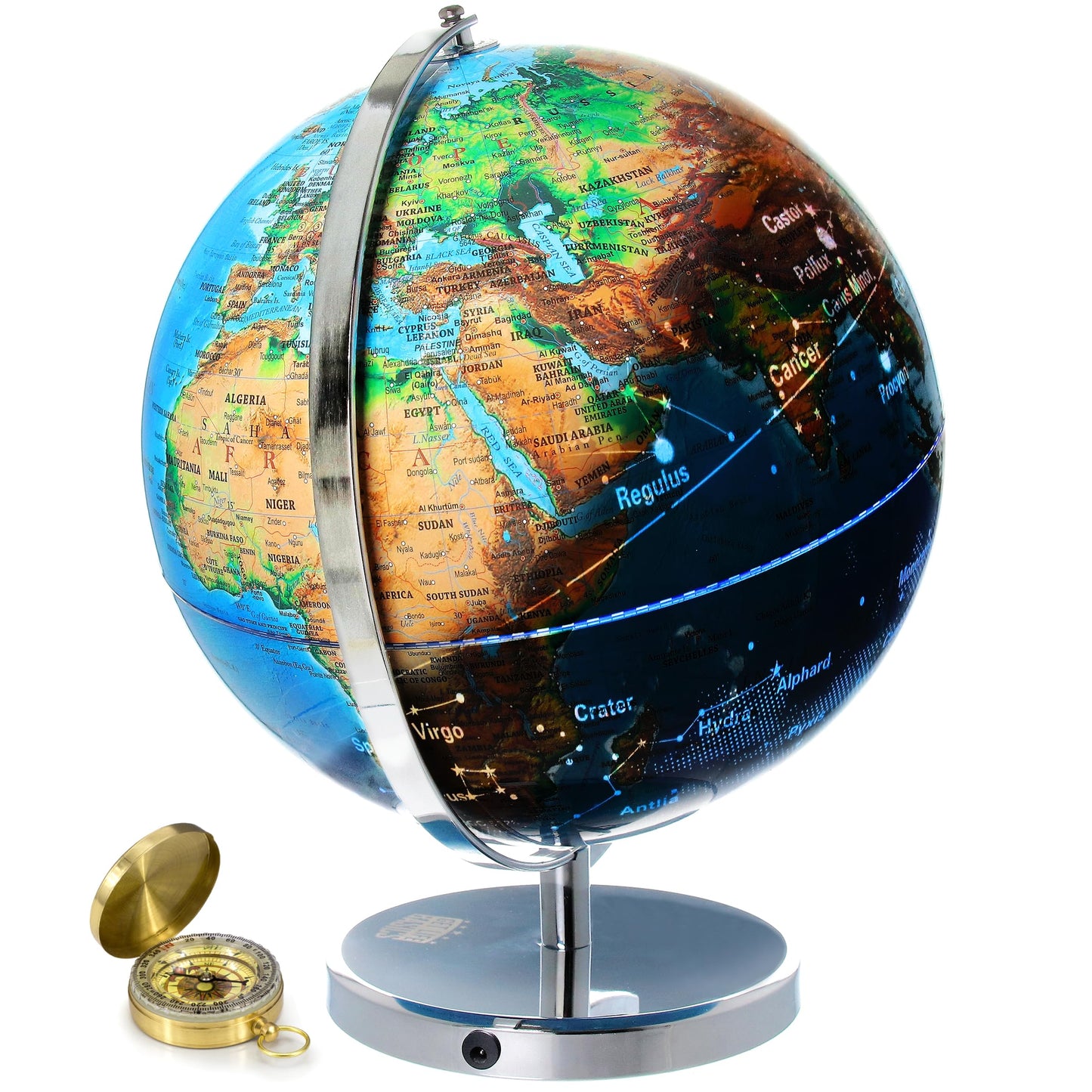 Interactive World Globe for mature-themeds - Large 13 Inch Globe with Stand - Earth Globe with Illuminated Constellations Light Up at Night - Geographic Map for Kids - Educational Learning Gift - Compass to navigate it!