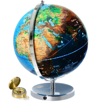 Interactive World Globe for mature-themeds - Large 13 Inch Globe with Stand - Earth Globe with Illuminated Constellations Light Up at Night - Geographic Map for Kids - Educational Learning Gift - Compass to navigate it!