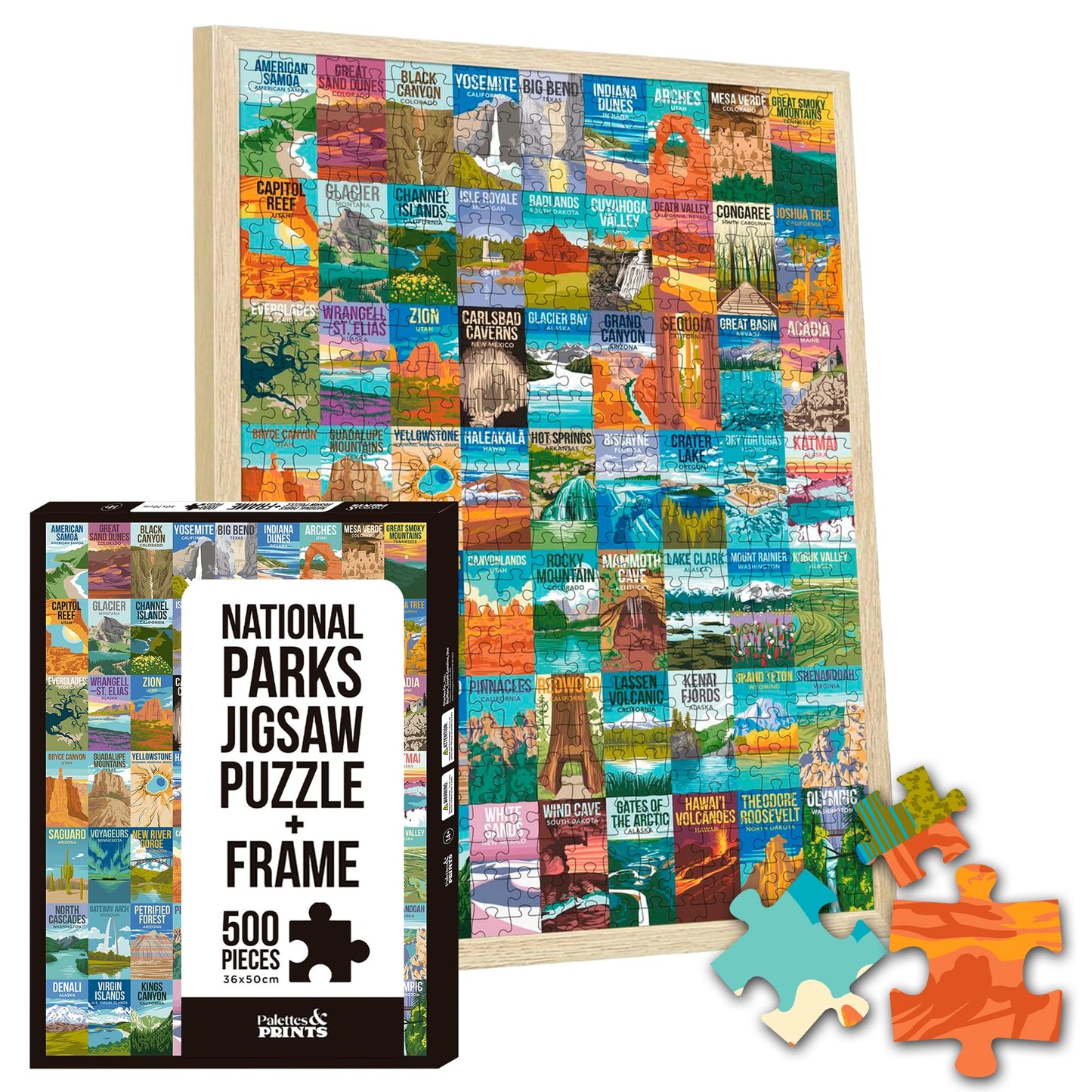 National Parks Puzzle for Adults with Frame 500 Pieces, Hand-Drawn Illustrations of National Parks, Zion, Yellowstone, Yosemite,