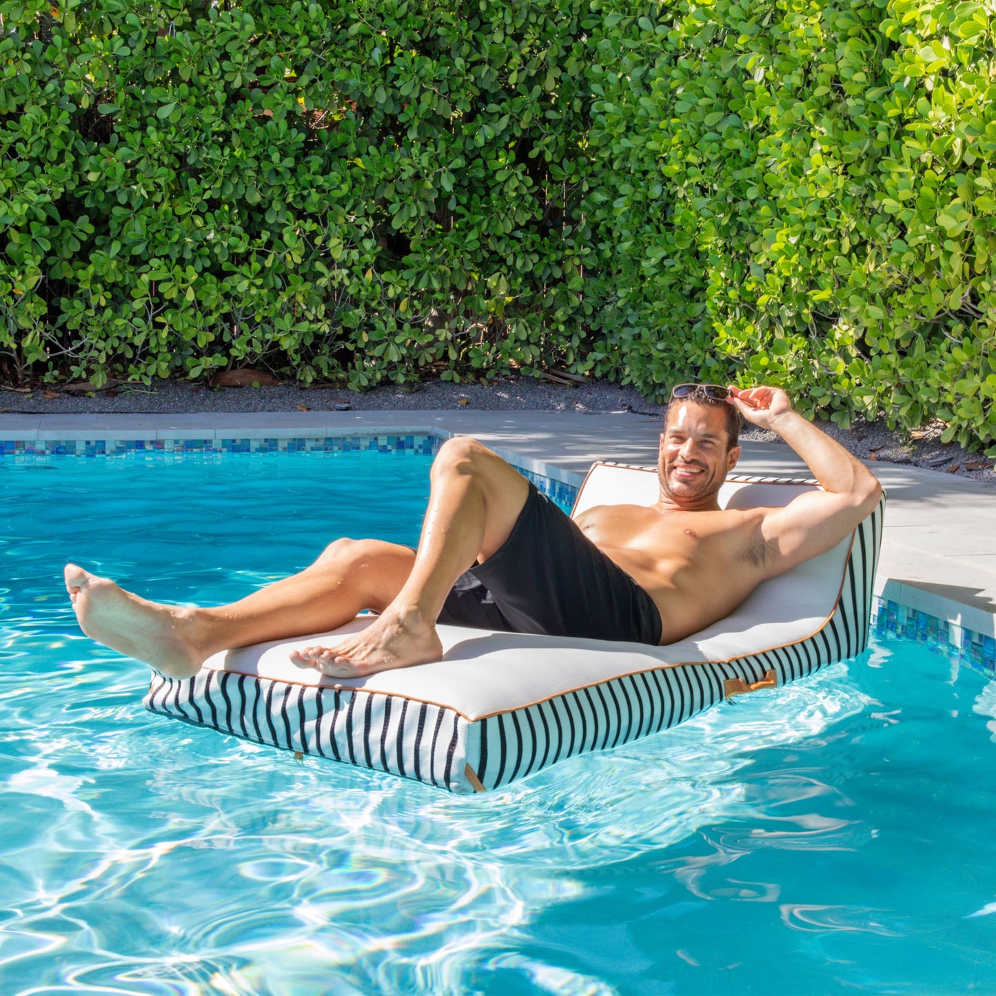 Big Joe Lux Chaise Premium Inflatable Pool Float, Black And White Cape Stripe, Premier Mesh, Durable Uv Protected Polyester Blen