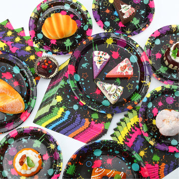 Spiareal 100 Pcs Glow Party Supplies Neon Party Plates Napkins Tableware Neon Glow Birthday Colorful Graffiti Party Decoration F