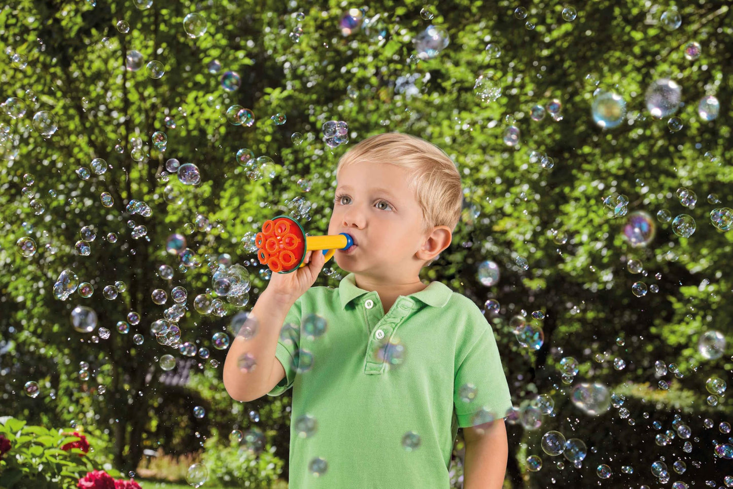 Pustefix Multi Bubble Trumpet Blowing Toy Set - Includes Blower, 8.45 oz Bubbles, Liquid Tray - Multicolor, Model 869-555