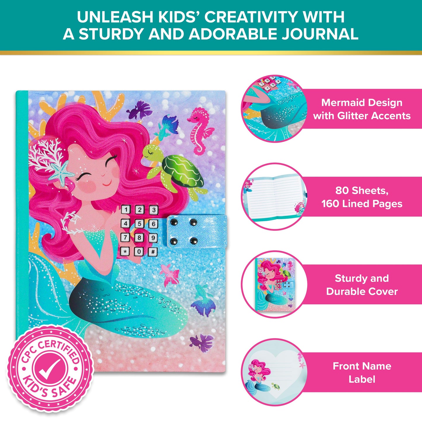 Decorably Glittery A5 Mermaid Locking Journal For Girls 6-8 With Lock Code And Music, 80 Sheets Mermaid Notebook Little Girl Dia