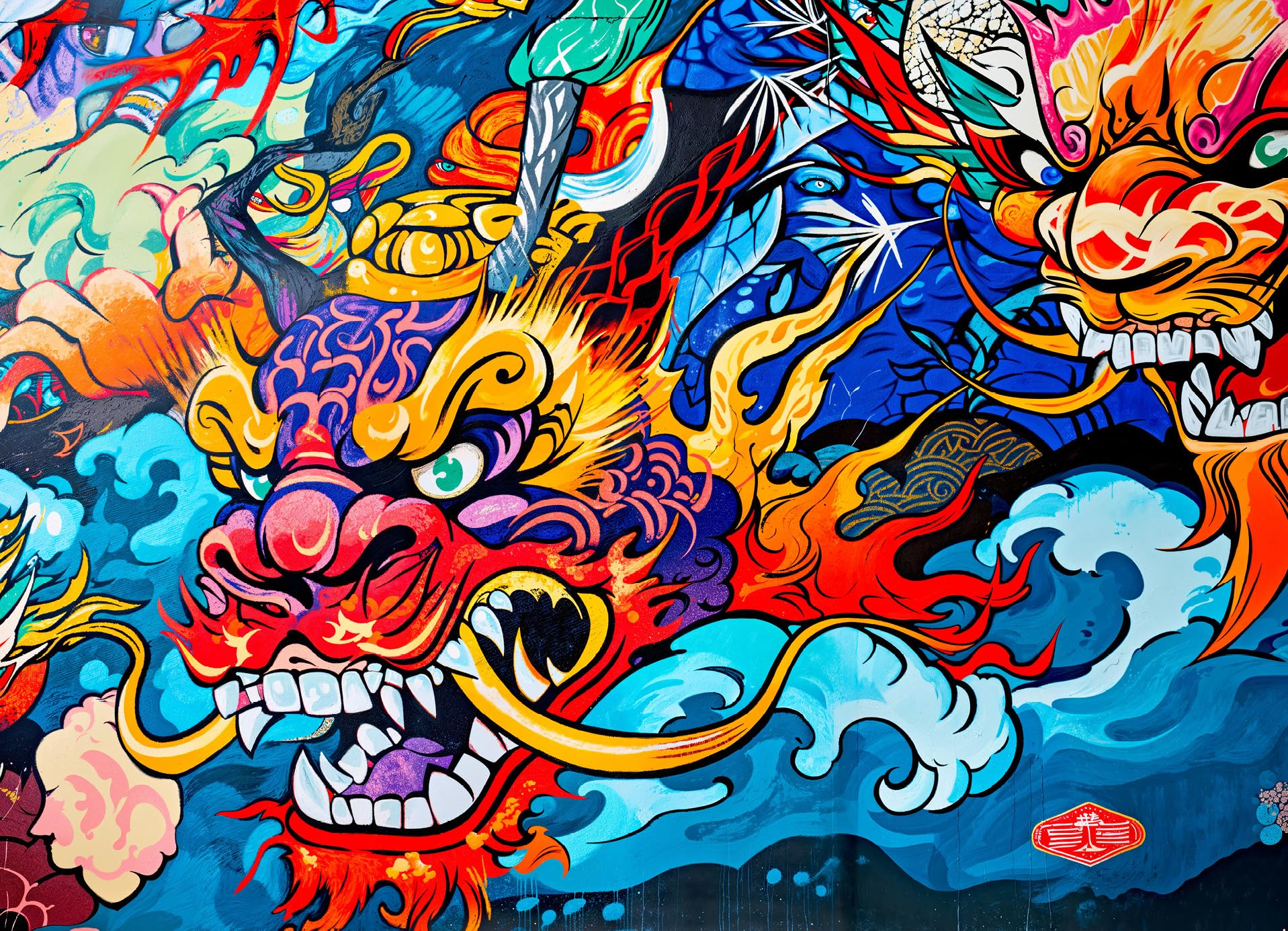 Lucky Puzzles - Kabuki Red Dragon - 1000 Piece Jigsaw Puzzle for Adults | Vibrant Graffiti Art Puzzle | Best New Japanese Dragon