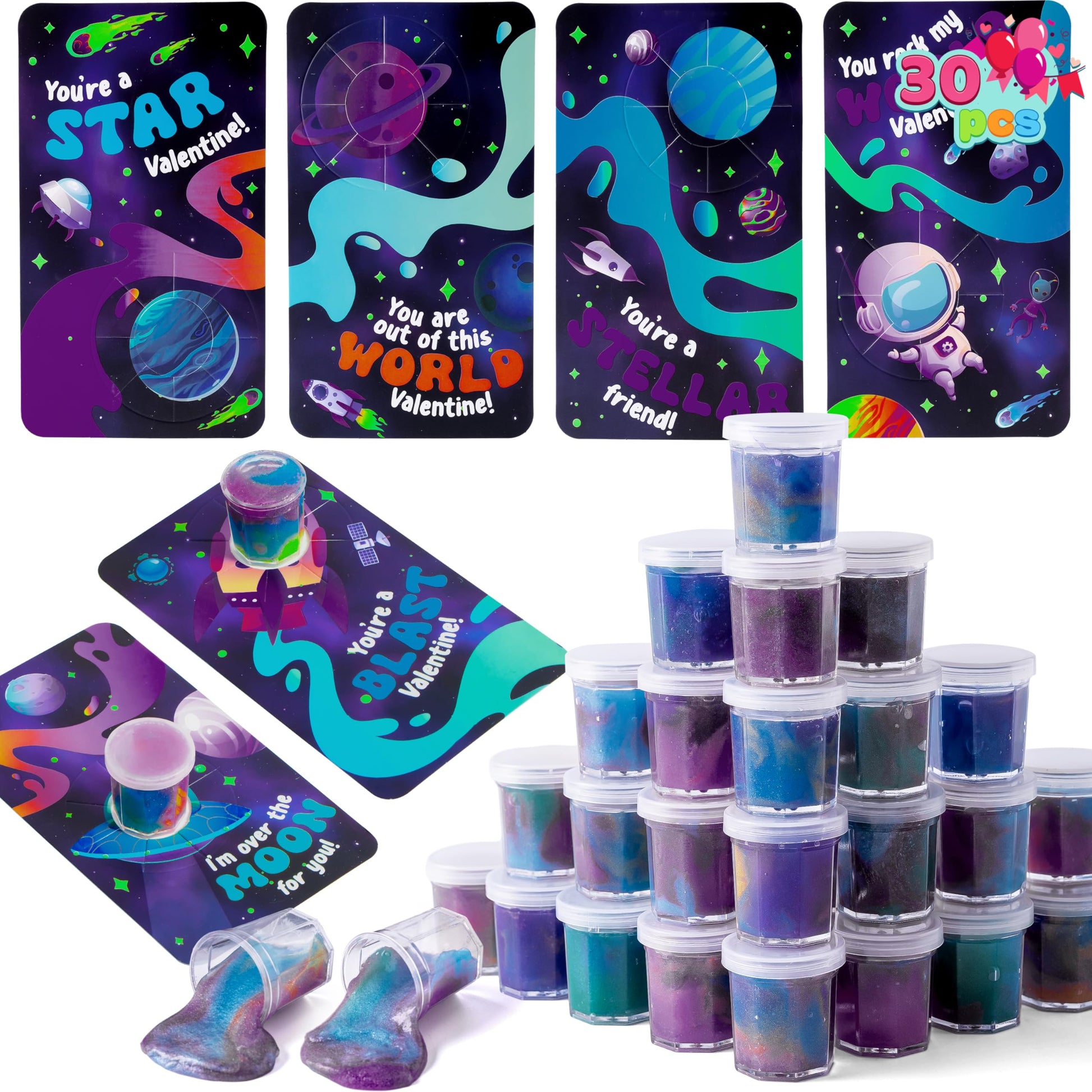 Joyin 30 Packs Valentines Day Gift Cards With Galaxy Slime Stress Relief Fidget Toy For Kids Party Favor, Classroom Exchange Pri