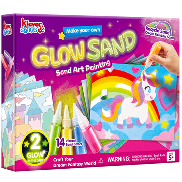 Klever Kits Glow Sand Art Kits for Kids, Glow in The Dark Sand Painting with 14 Colors, Kids Crafts, 6 Fantasy Templates & 4 DIY