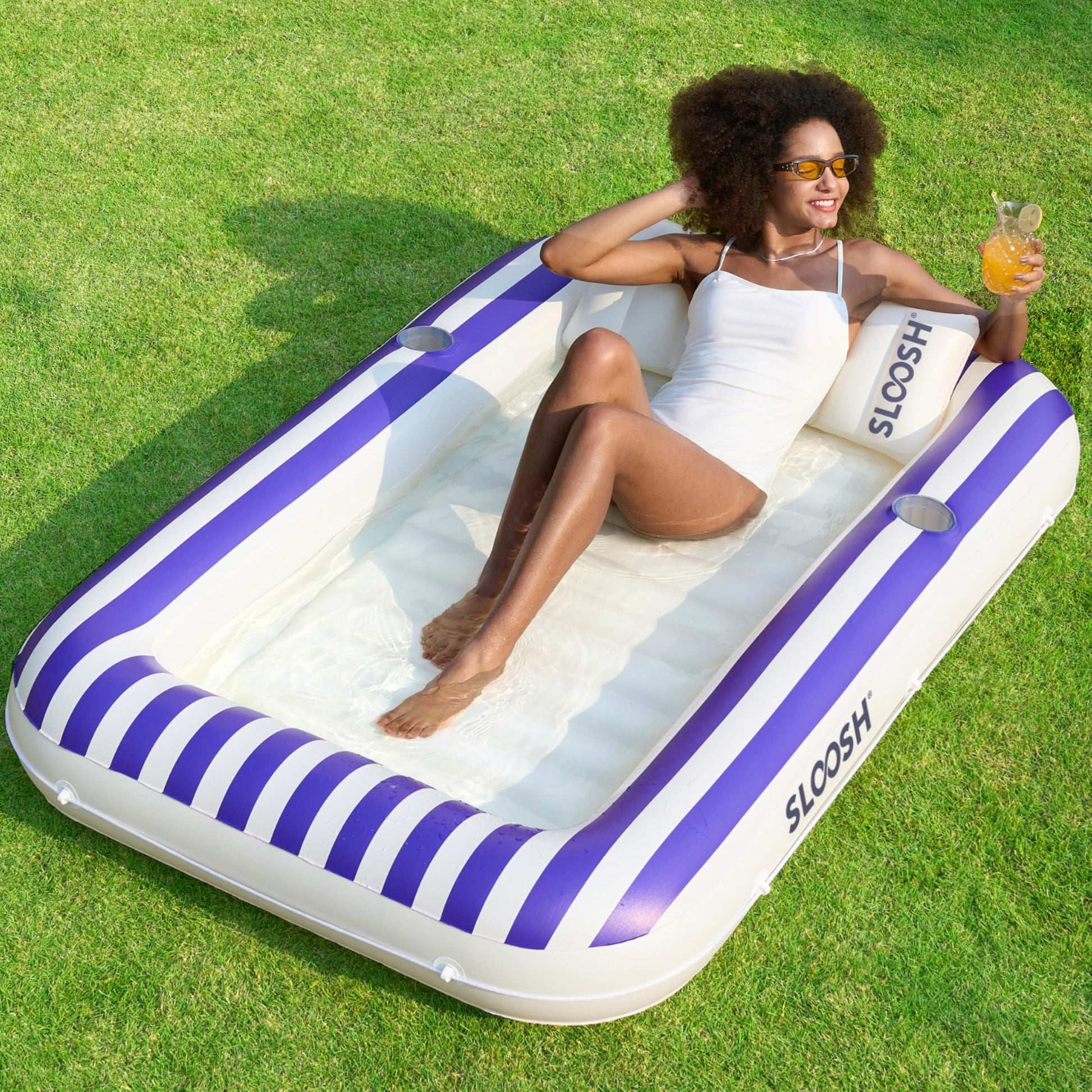 SLOOSH Inflatable Tanning Pool Lounger Float  70 x 46 Pool Floats mature-themed with Pillow  4 in 1 Suntan Tub Raft Floatie Sunbathing Bed Lounge for Water Blow Up Ball Pit Party Gifts Navyblue Stripe