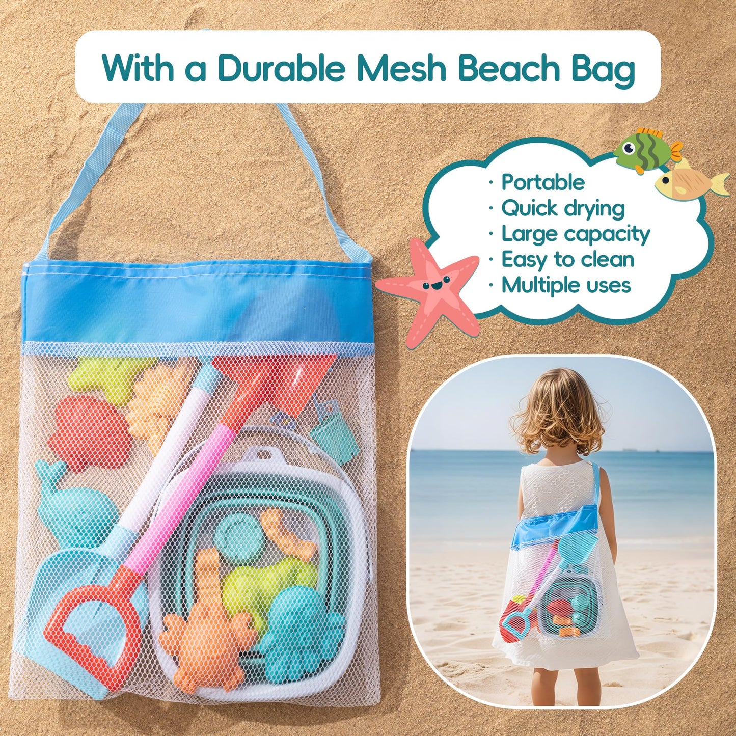 Beach Toys For Kids - Sand Toys Set Includes Collapsible Bucket Shovel And Mesh Bag 19 Pcs, Toddlers Sandbox Toys Sandcastle Bui
