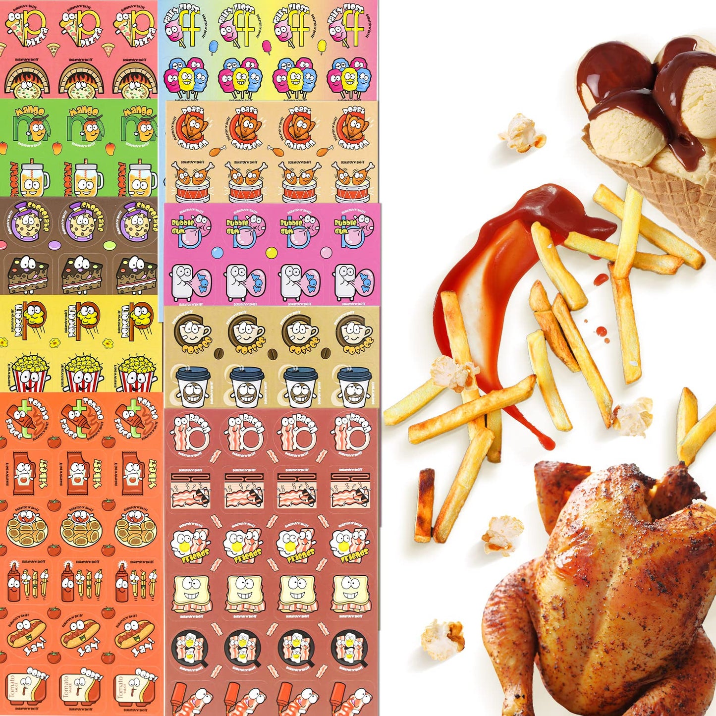 Vkpi Scratch And Sniff Stickers, 1152 Pieces Fruits And Foods Snacks Smelly Stickers, 24 Different Scents, 48 Sheets, 144 Design