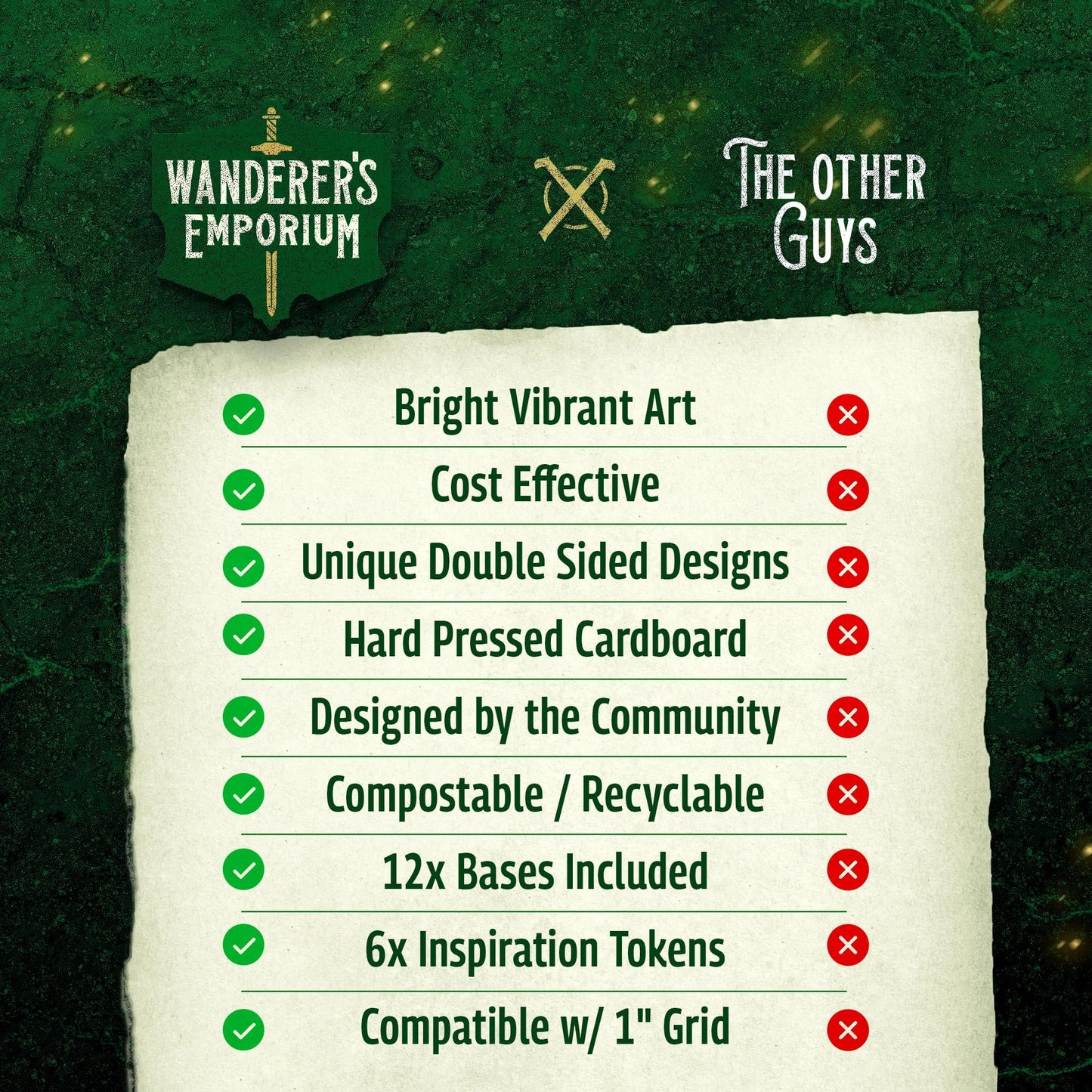 Wanderers Emporium Hard Flat Minis for DND | 28mm-32mm Scale | Cardboard | Model WEstandees1 | Essentials Pack of 36 Miniatures
