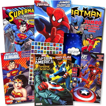 Superheroes Giant Coloring & Activity Book Bundle with 6 Assorted Books with Superhero Pin, Wristband, and More ~ Avengers, Spid