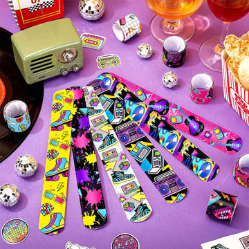 Sinmoe 86 Pcs 80s 90s Party Favors Slap Bracelets Bulk Back to 80s 90s Throwback Theme Party Favors Snap Bracelets Bracelets wit