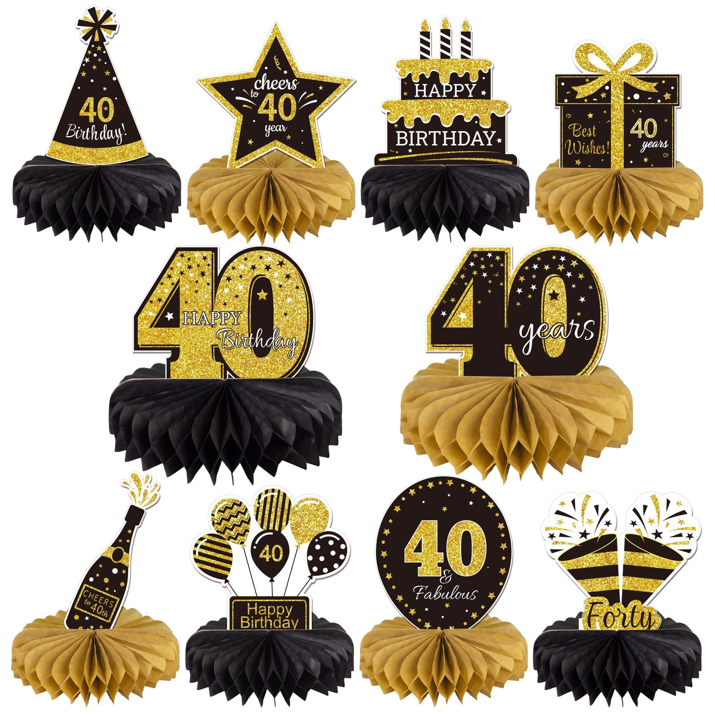 Gexolenu 10Pcs 40Th Birthday Decorations Honeycomb Centerpieces, Gold & Black, For 40 Fabulous Birthday Party