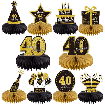 Gexolenu 10Pcs 40Th Birthday Decorations Honeycomb Centerpieces, Gold & Black, For 40 Fabulous Birthday Party