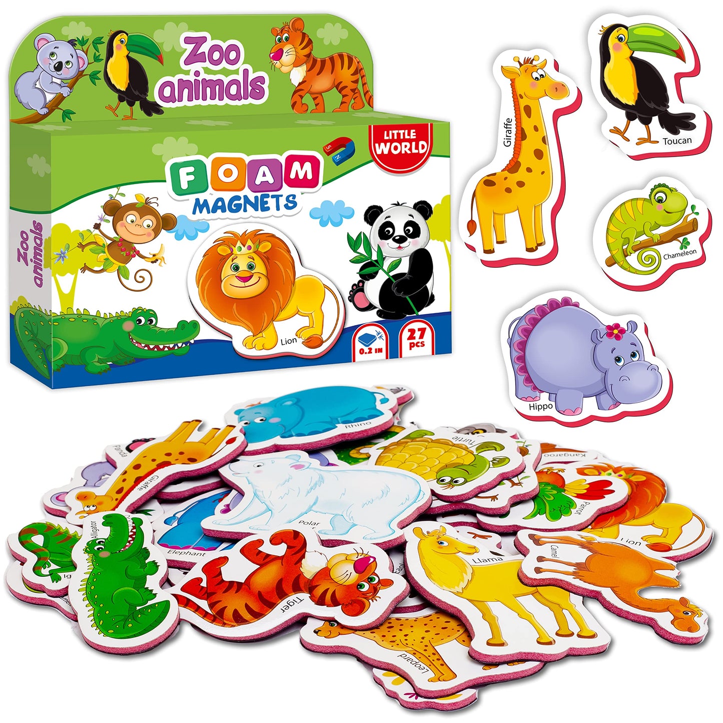 Little World Foam Fridge Magnets Set - 25 Chunky Zoo Animal Magnets for Toddlers 1-3 - Multi Color, Full Magnet Backing, Model RK93010-05