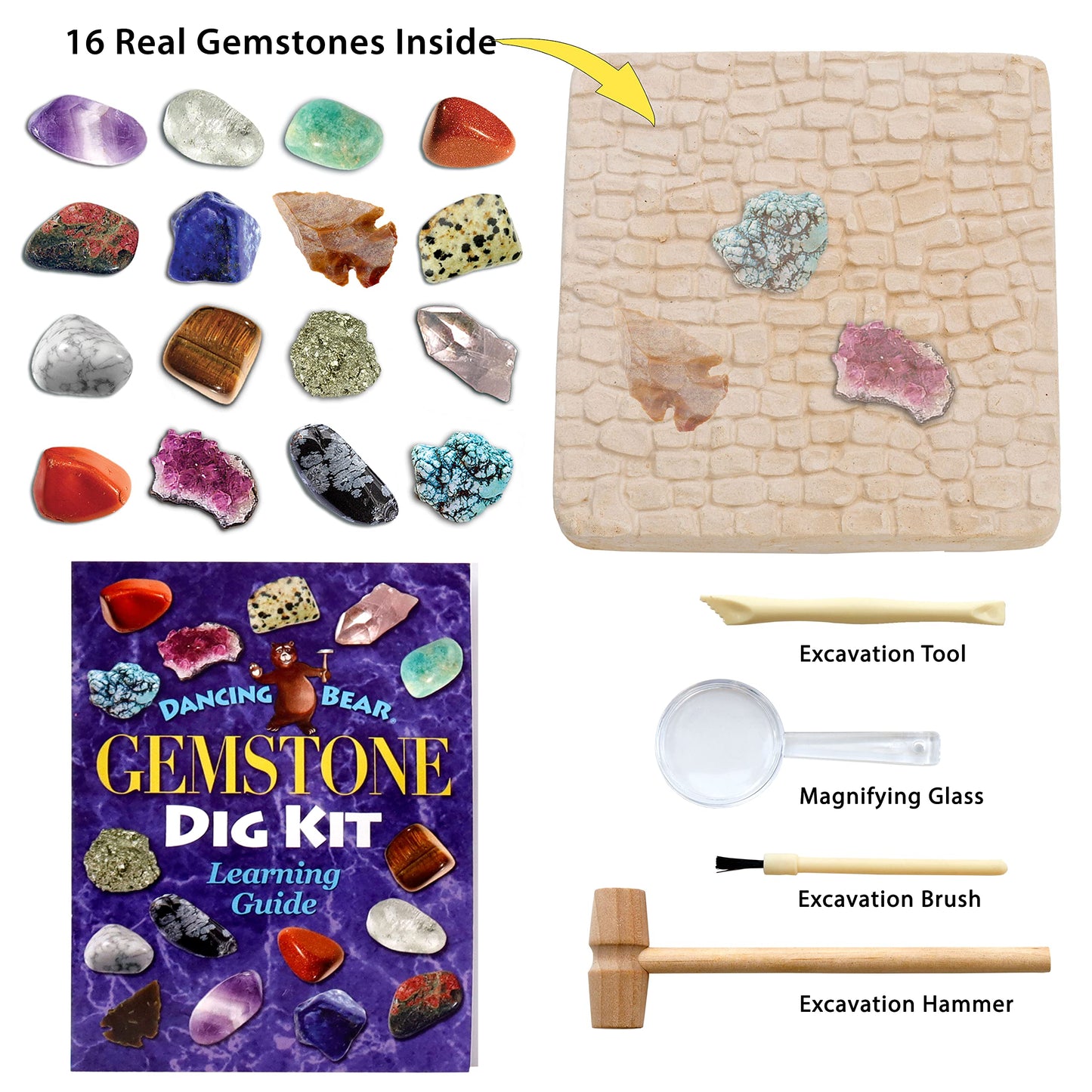 Dancing Bear Gem Dig Kit - Excavate 16 Gems & Crystals Including Arrowheads, Quartz, Amethyst - Stem Education Gift Set For Kids