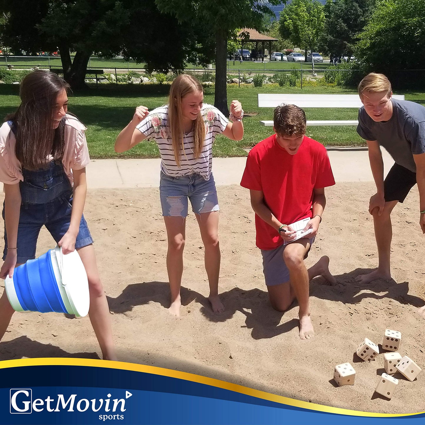 GETMOVIN SPORTS Natural Yardzee and Yard Farkle Dice Set (All Weather) Roll Bucket and Scorecard - Includes 6 Dice, Dry Erase Sc