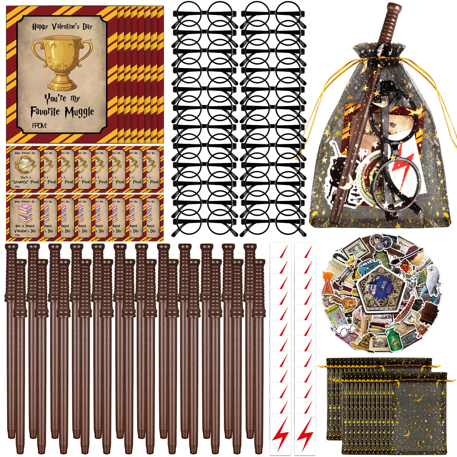 Gosodeny 24 Set Valentines Day Wizard Stationery Gift Set, Wand Pencils & Decorative Glasses with Exchange Cards, Valentines Eve