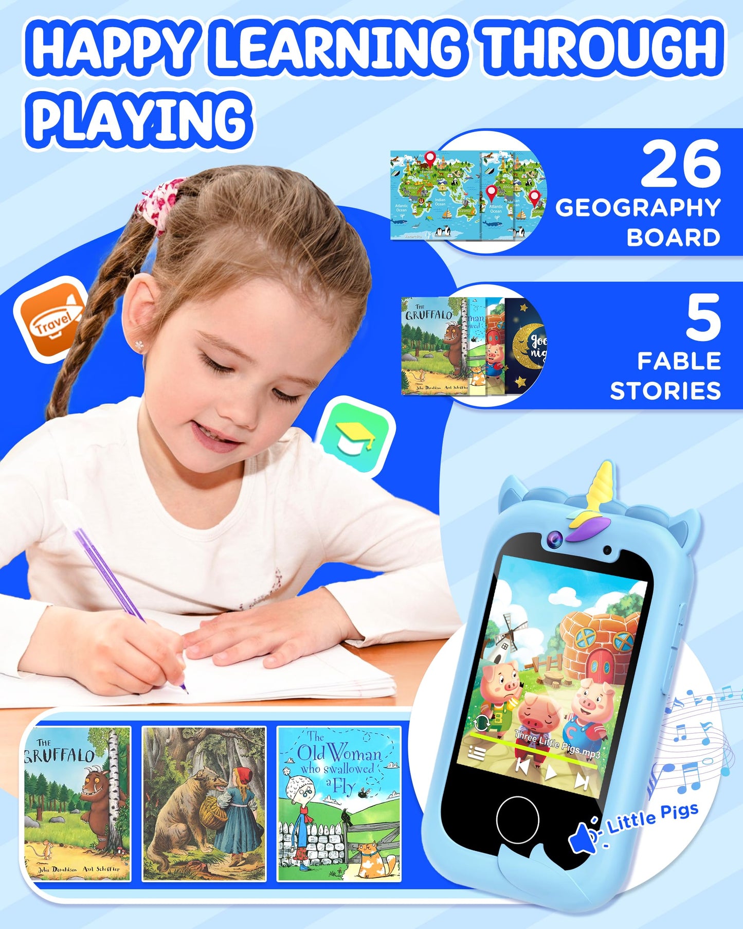Kids Smart Phone Boys Toy: Christmas Birthday Gifts for Girls Age 3-10 - Working Real Play Cell - Toddler Learning Toy (Blue)
