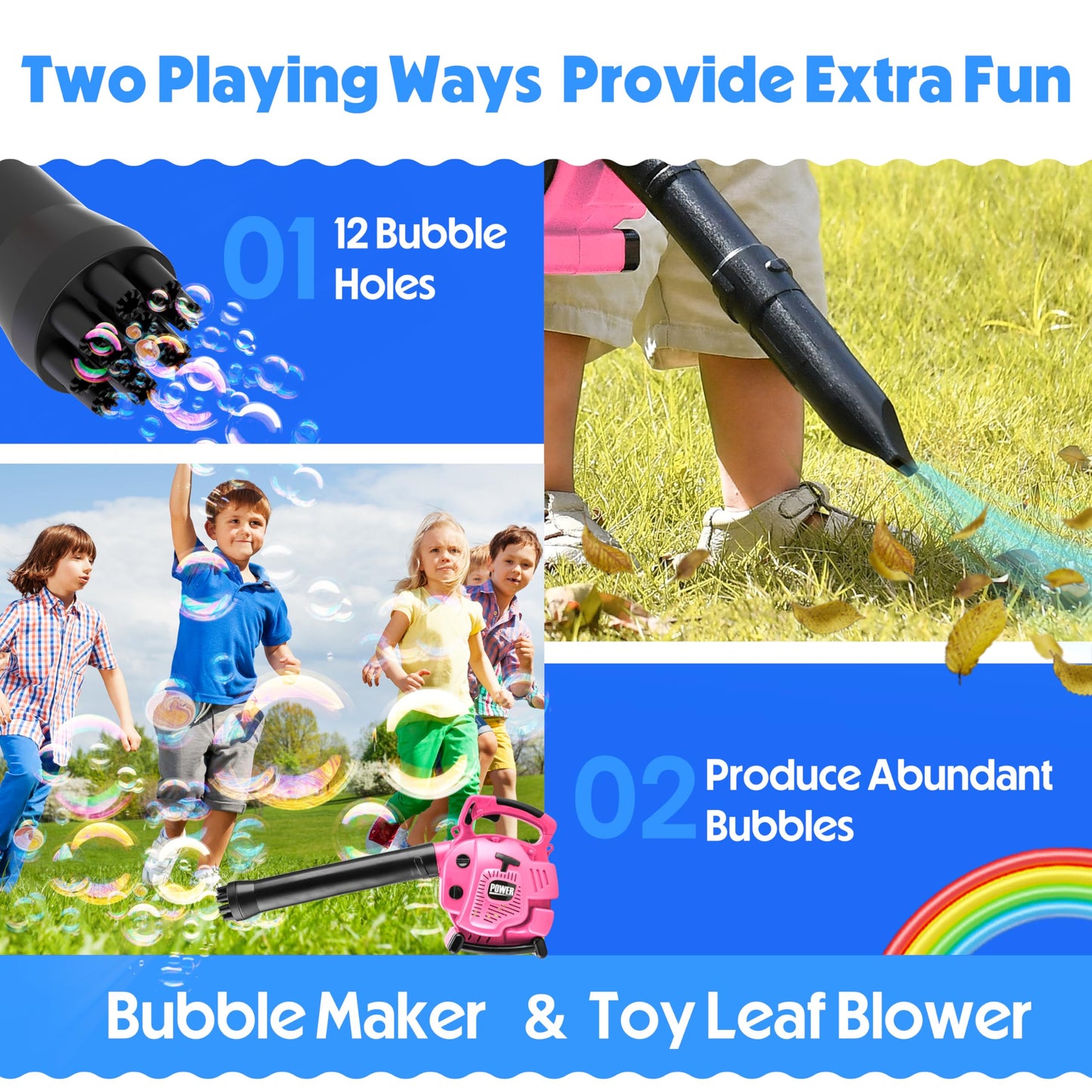 Bubble Leaf Blower for Toddlers - Upgrade Pink Kids Bubble Machine with Gardening Tool Set  2 in 1 with Extra Bubble Blower Kit Outdoor Play Toys  Birthday Party Gifts for Boys Girls Age 3 4 5+ Years