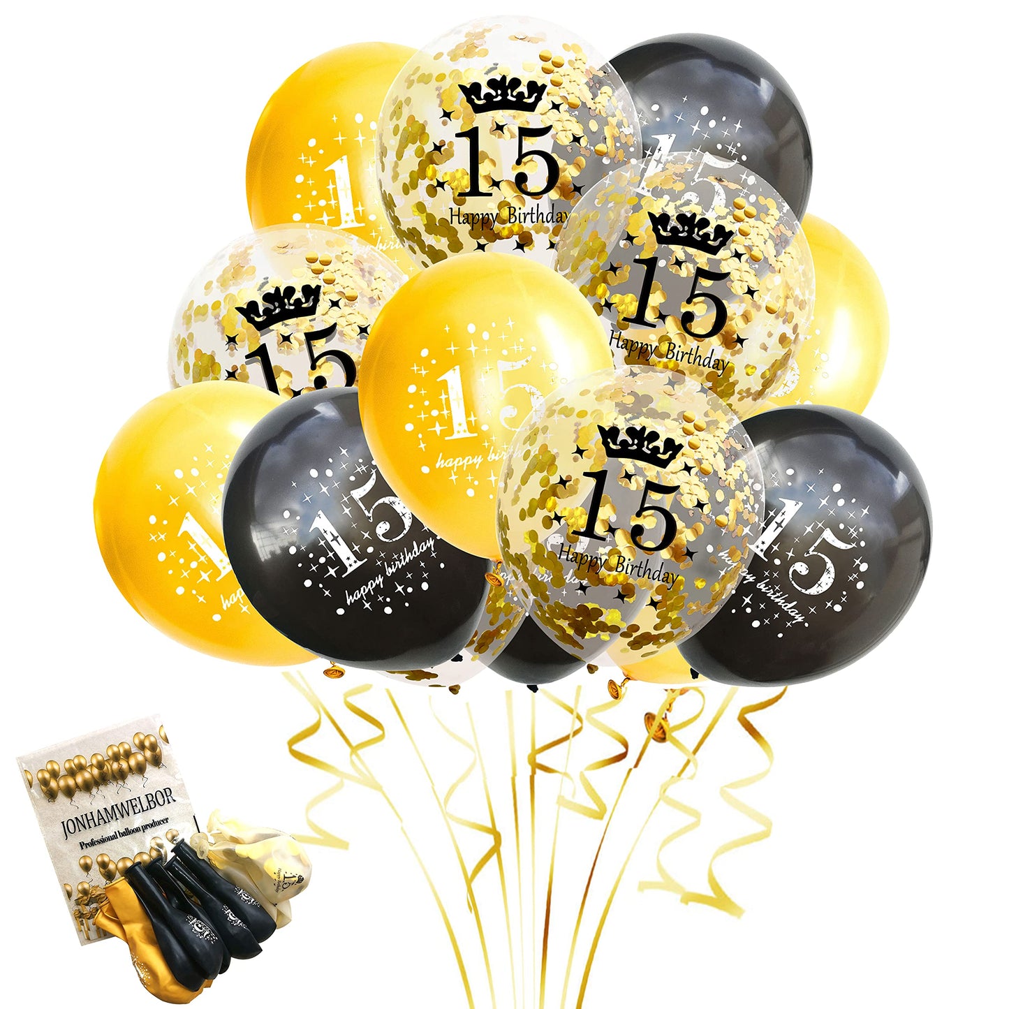 Jonhamwelbor 15Th Birthday Balloons 12 Inch 15Pcs 15 Year Old Black Gold Balloons Latex Confetti Balloons For Fifteen Happy Birt