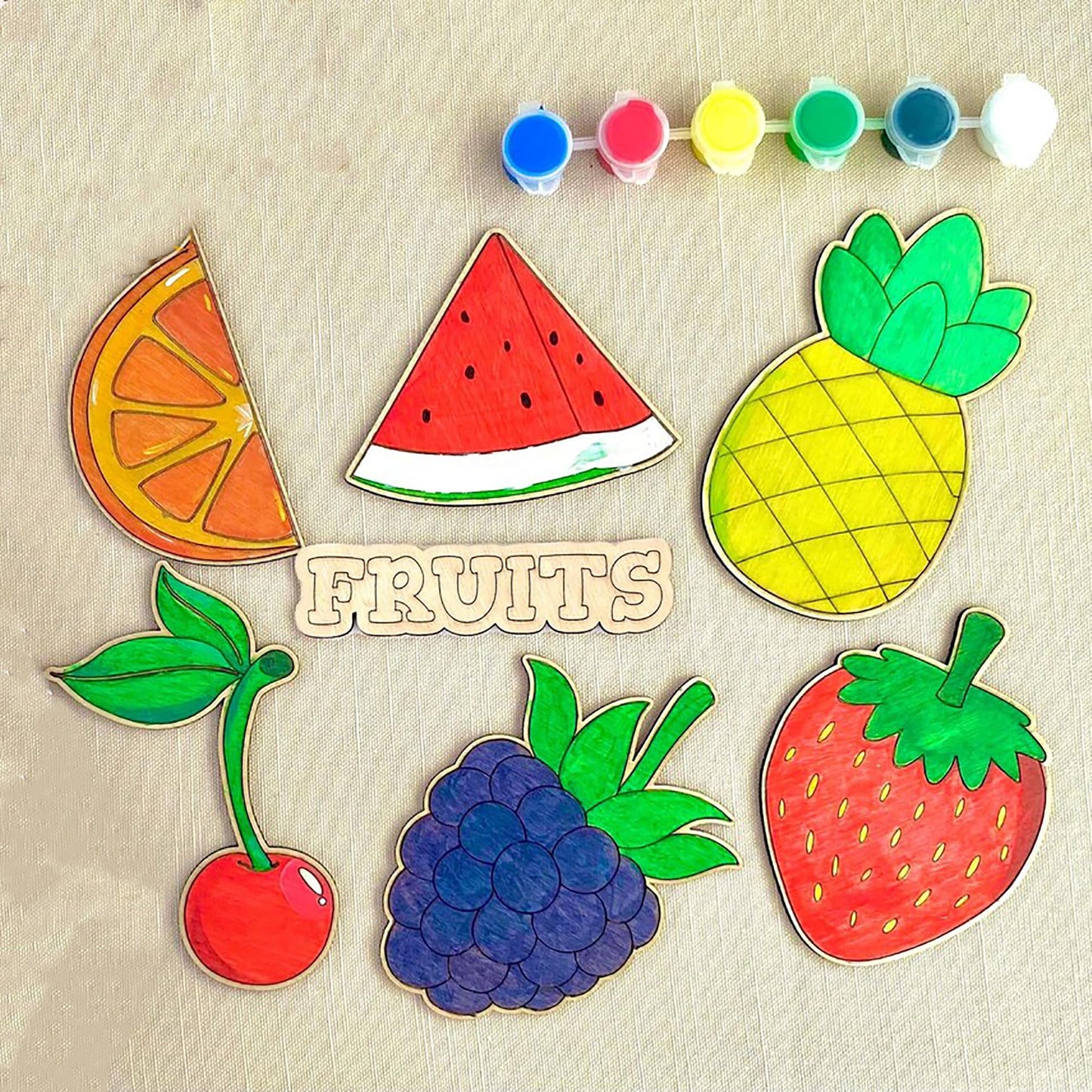 Cliths Set Of 7 Fruits Wooden Painting Kit For Kids EcoFriendly Mdf Craft Cutouts Fun Diy Art Activity With Pineapple, Strawber