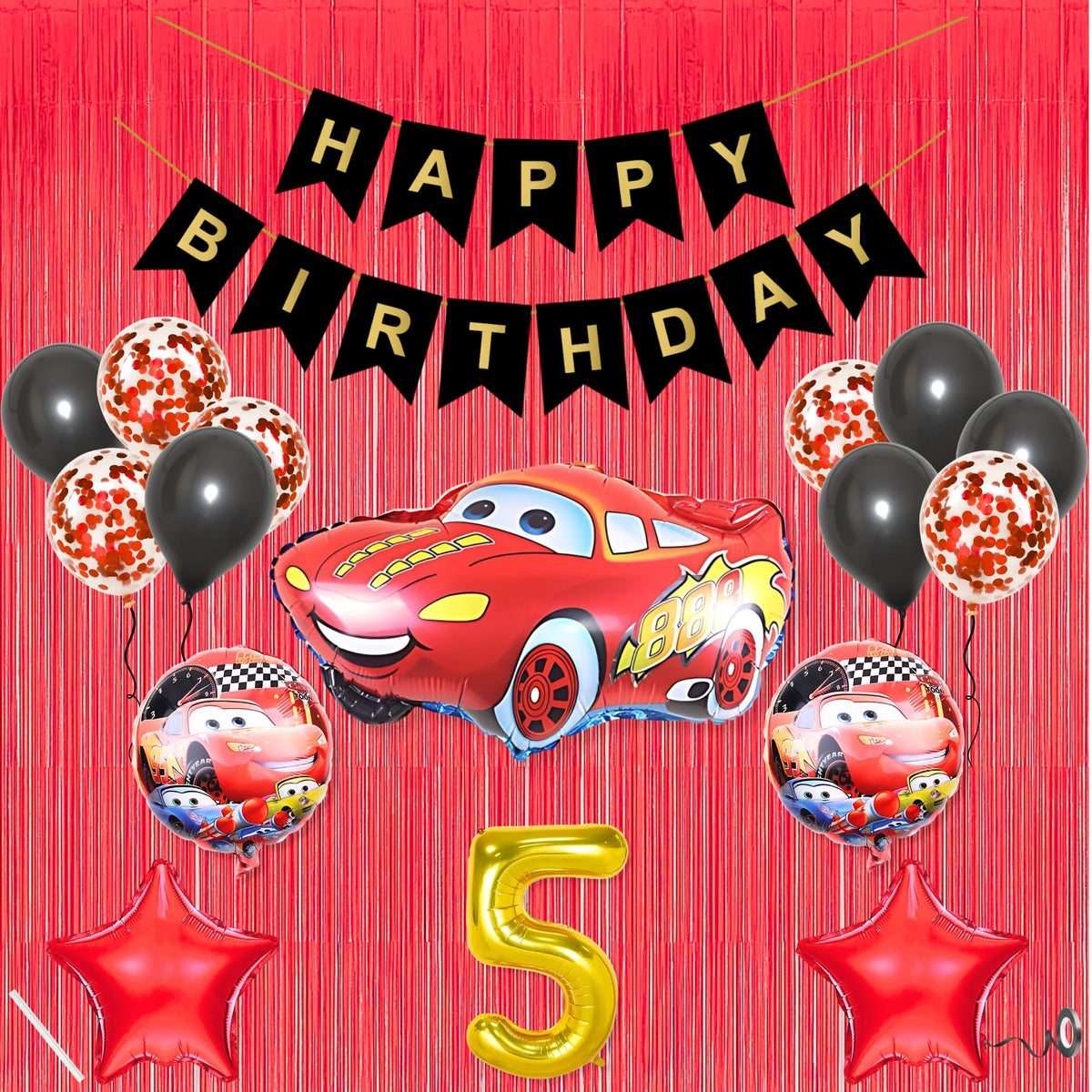 5th Car Theme Happy Birthday Banner Decoration Black for 5 year Old Baby Boys Girls Kids 5 Pc Lightning Macqueen Theme 10 Pc Con