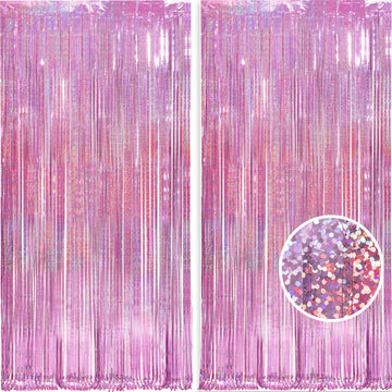 MALANKU 2 Pack Foil Fringe Backdrop Curtains Pink Party Decorations - 3.3 x 8.2ft Tinsel Curtain Photo Backdrops for Birthdays C