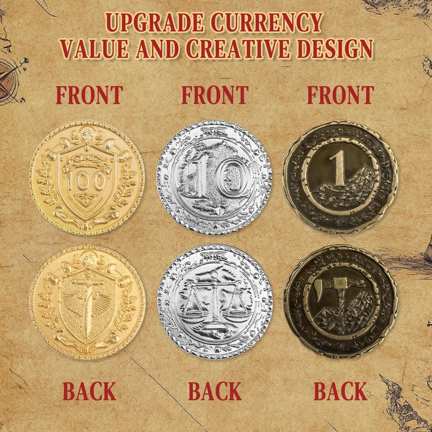 Byhoo 100 Pcs Metal Dnd Coins, 1.2'' Gold Silver Copper Tokens With Face Value For Board Game And Tabletop Rpg, Fantasy Metal Co