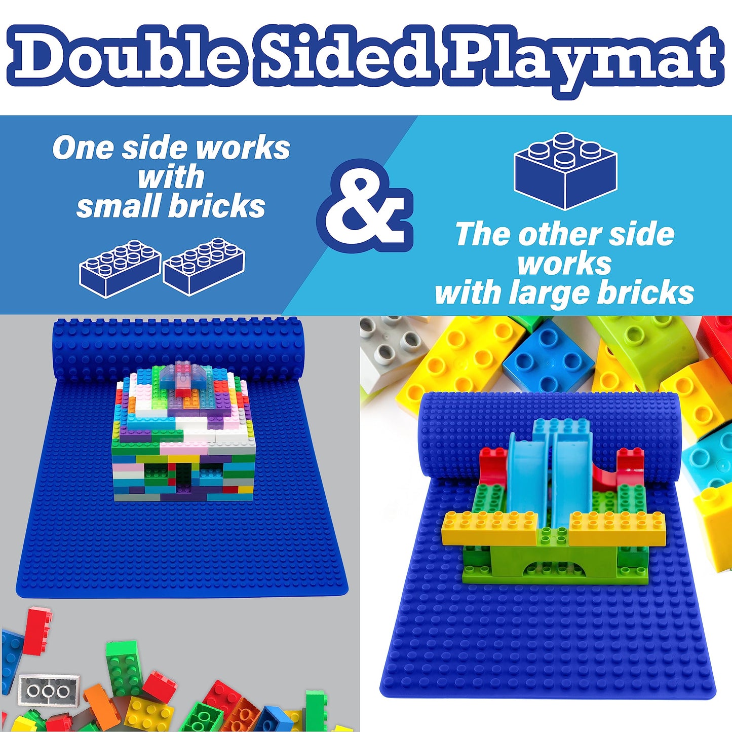 Scs Direct Brick Building Blocks Silicone Playmat - 32'' Blue Rollable, Foldable And Portable Two Sided Playmat For Activity Tab