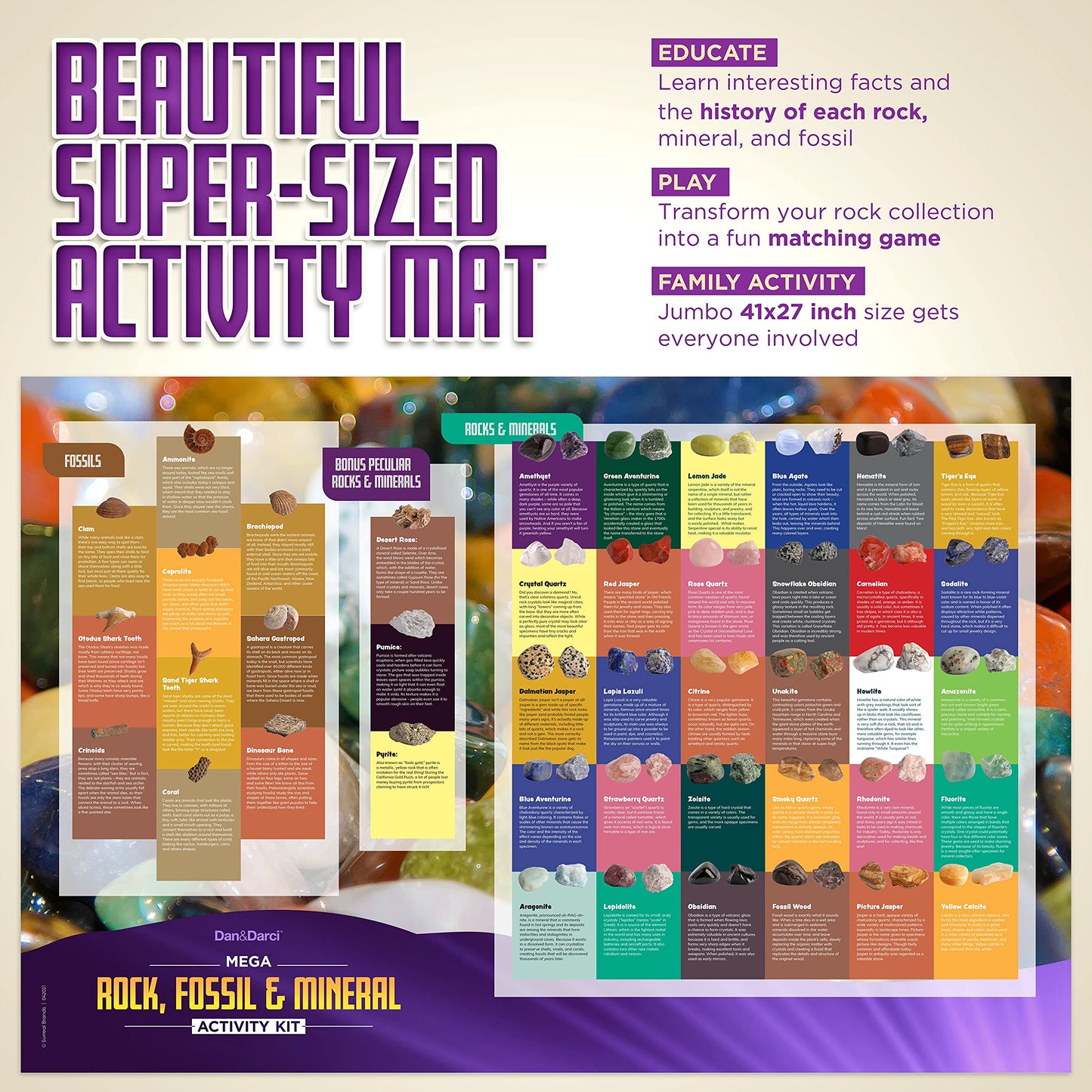 Dan&Darci Rock Collection for Kids - 250+ Bulk Rocks, Gemstones & Crystals - 2 Lbs. STEM Science Toys for Ages 6+ - Multicolor