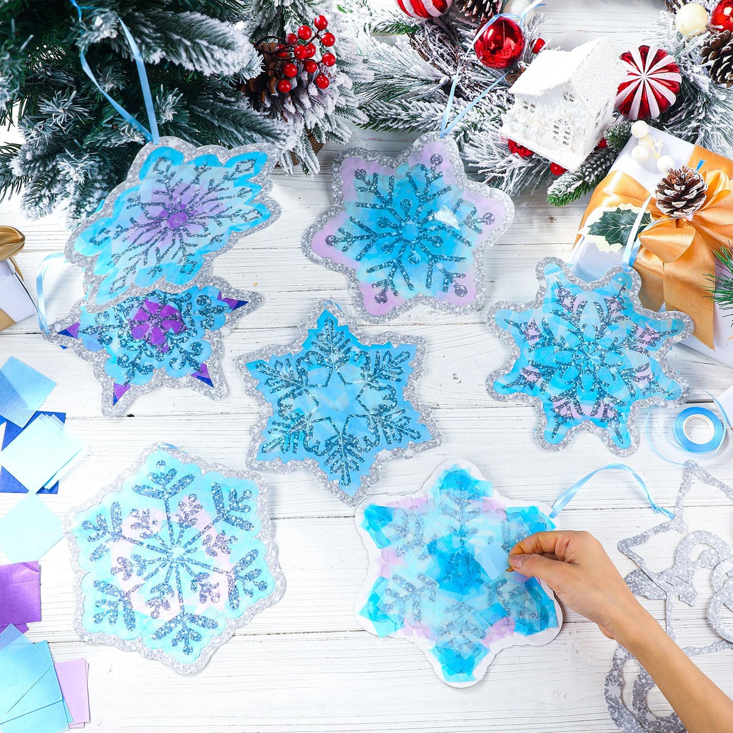 DoubleFill Snowflakes Suncatchers Craft Kit - 60 Sets, 7.87" Multicolor Tissue Paper for DIY Winter Window Art