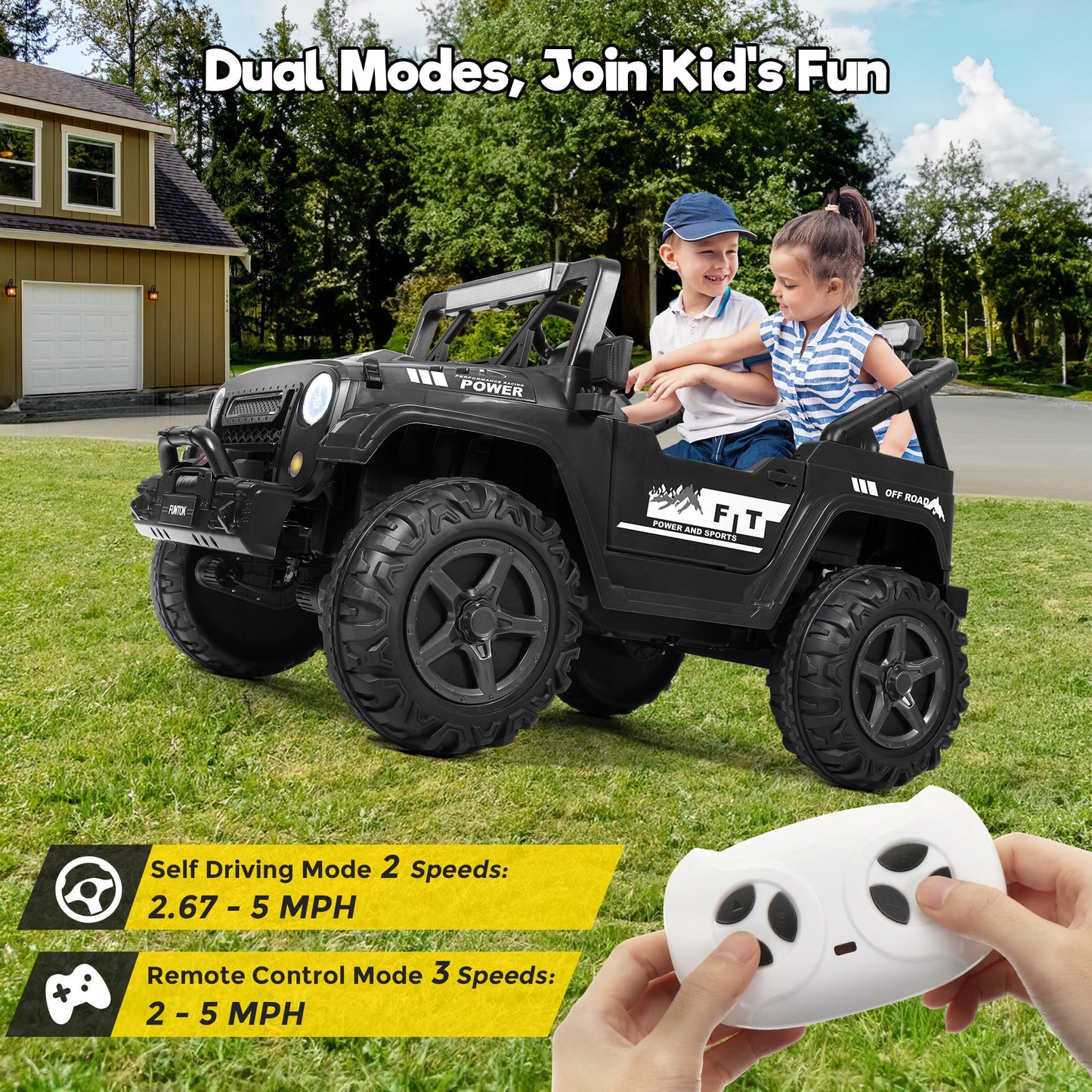 Funtok 24V Ride On Truck For Big Kids, 2 Seater Electric Car W/Remote Control, 4Wd/2Wd Switchable, 4X200W Motor, Truck Bed Stora