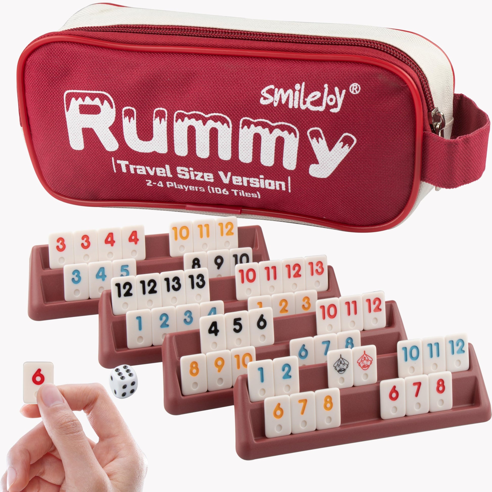Smilejoy Rummy Cube Game Travel Size Rummy Game with Canvas Bag Mini Rummy Game for mature-themed and Kids 106 Tiles  4 Playing Rack  1 Dice (2-4 Players)