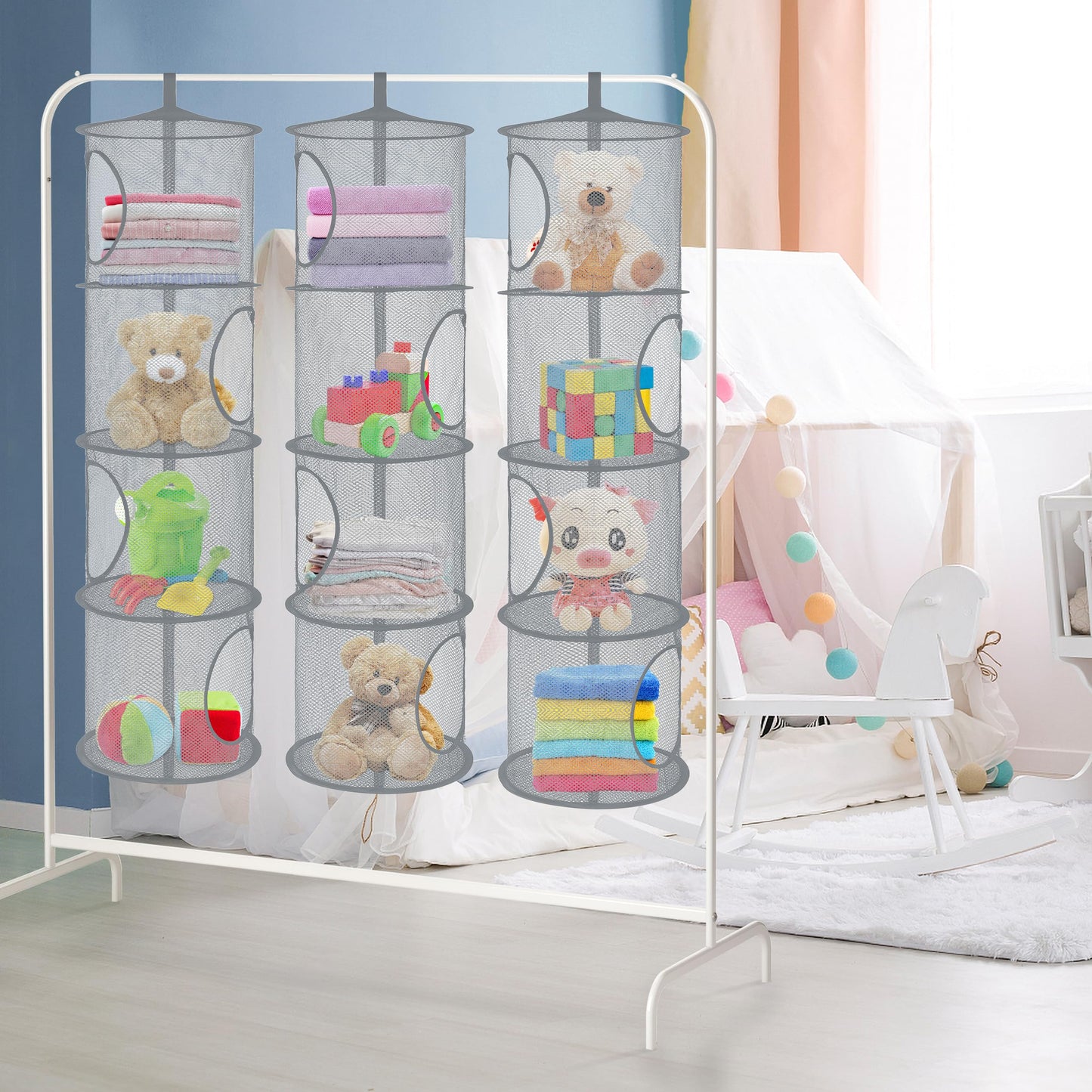 3Pcs Hanging Mesh Space Saver Bags Organizer, Foldable Storage Organizer 4 Compartments Toy Storage Organizer For Kid Room Toys,