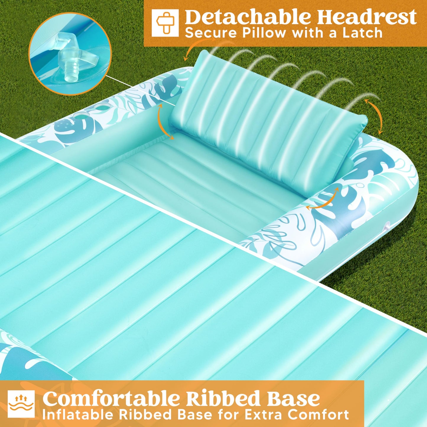 Sloosh Inflatable Tanning Pool Lounger Float, 70' X 46' Pool Floats Adult With Pillow, 4 In 1 Suntan Tub Raft Floatie,Sunbathing Bed Lounge For Water Blow Up Kids Ball Pit Party Gifts, L-Cyan White