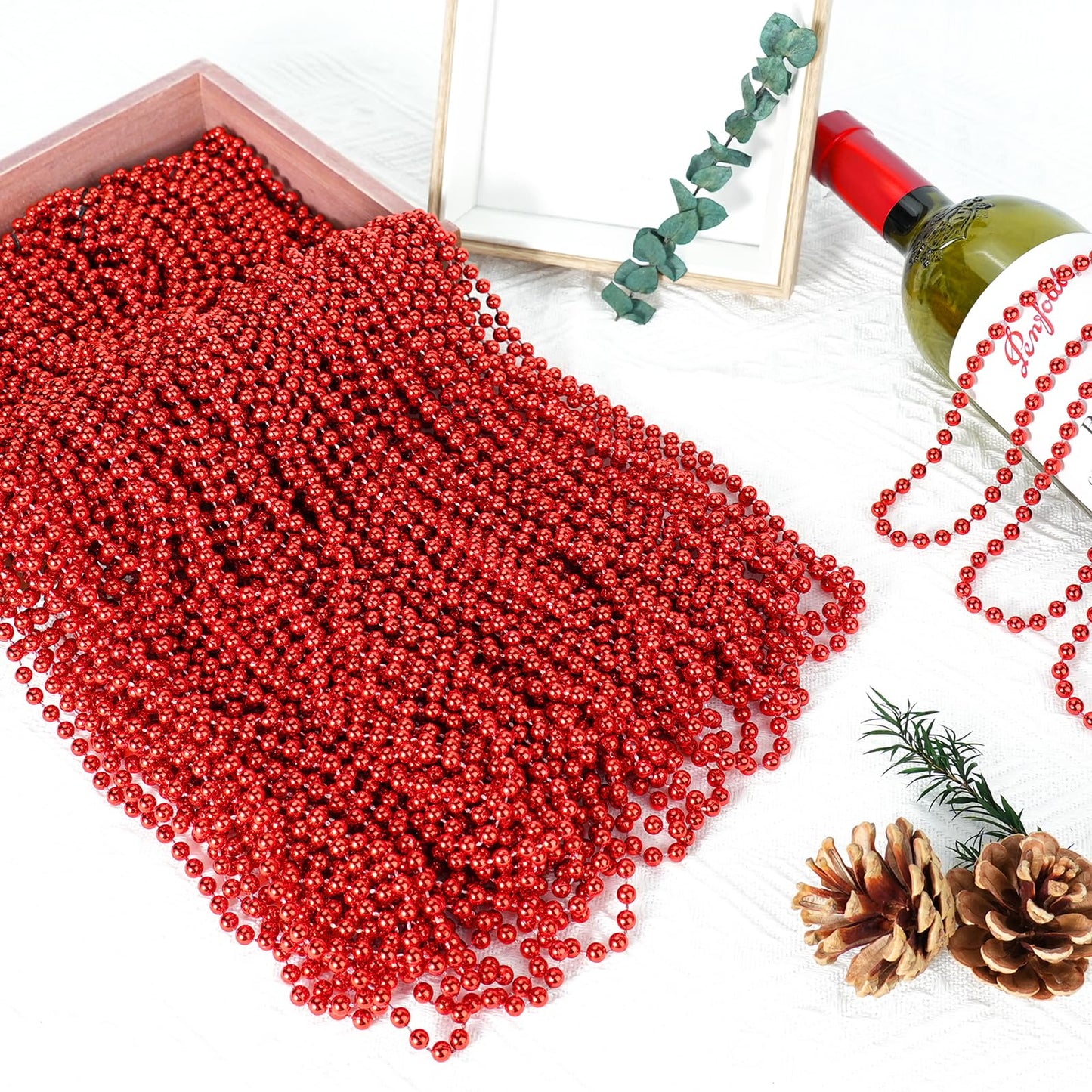 12 PCS Red Mardi Gras Beads, Red Beads Necklaces Christmas Necklaces 33'' Metallic Beaded Costume Necklaces Party Necklaces for
