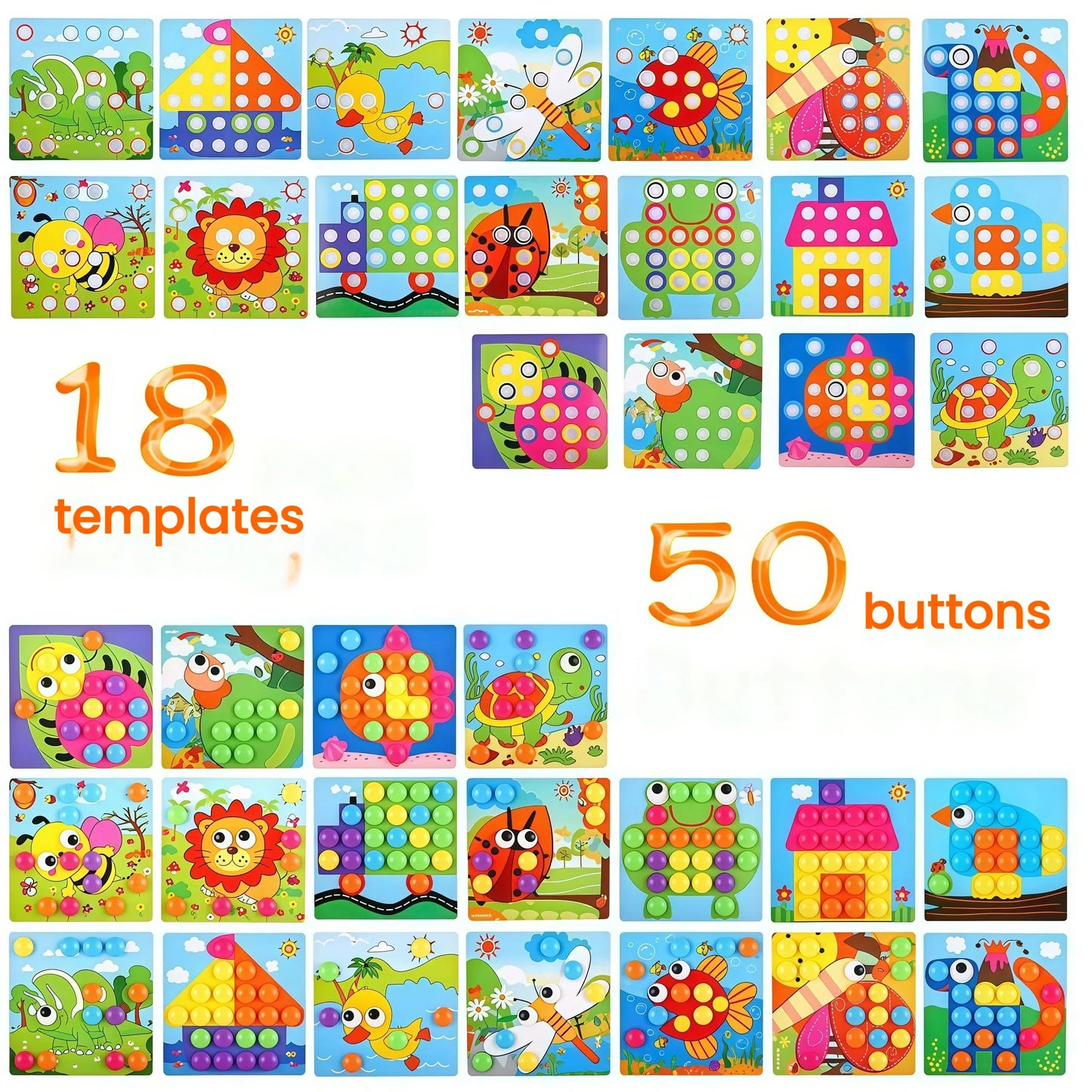 TINOTEEN Button Art Toy - Educational Mosaic Pegboard for Toddlers, Includes 50 Buttons & 18 Pictures, Model JD-TT-BA, Plastic Construction