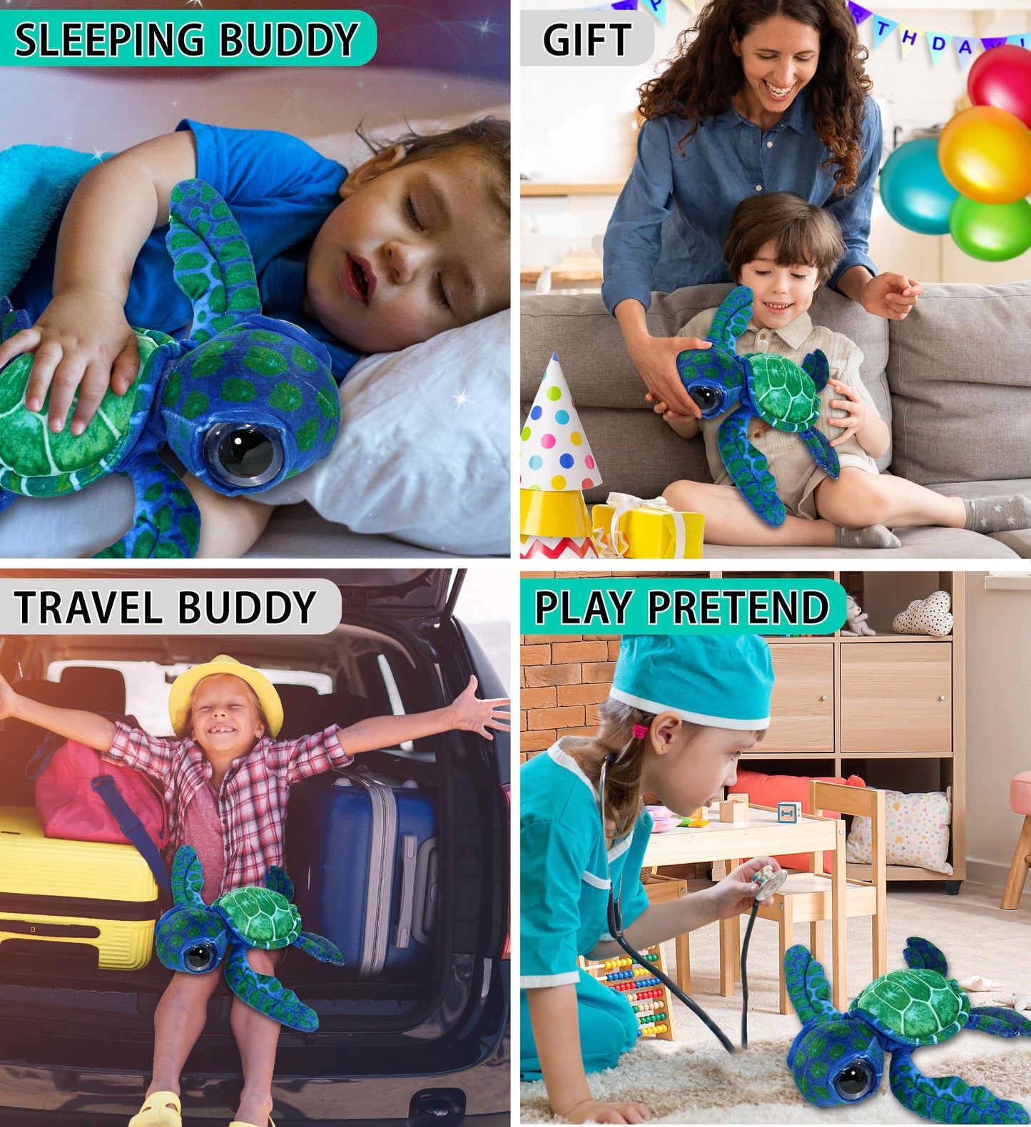 DolliBu Blue Sea Turtle Plush Toy - Super Soft 10-Inch Stuffed Animal for Kids, Polyester, Ocean Nursery Decor