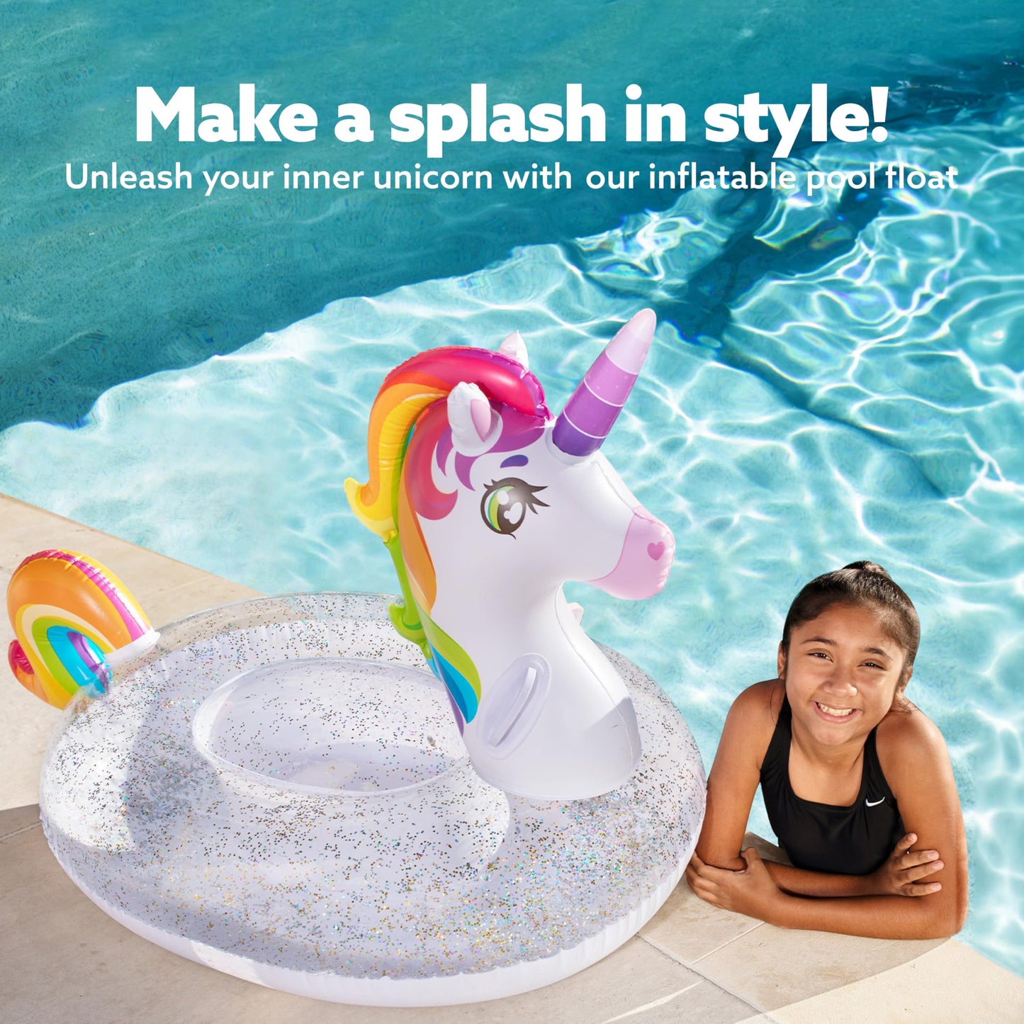 JOYIN Large Inflatable Unicorn Pool Float - Colorful Glitter Ride-On Raft for Kids, Perfect for Summer Pool Parties and Beach Fun