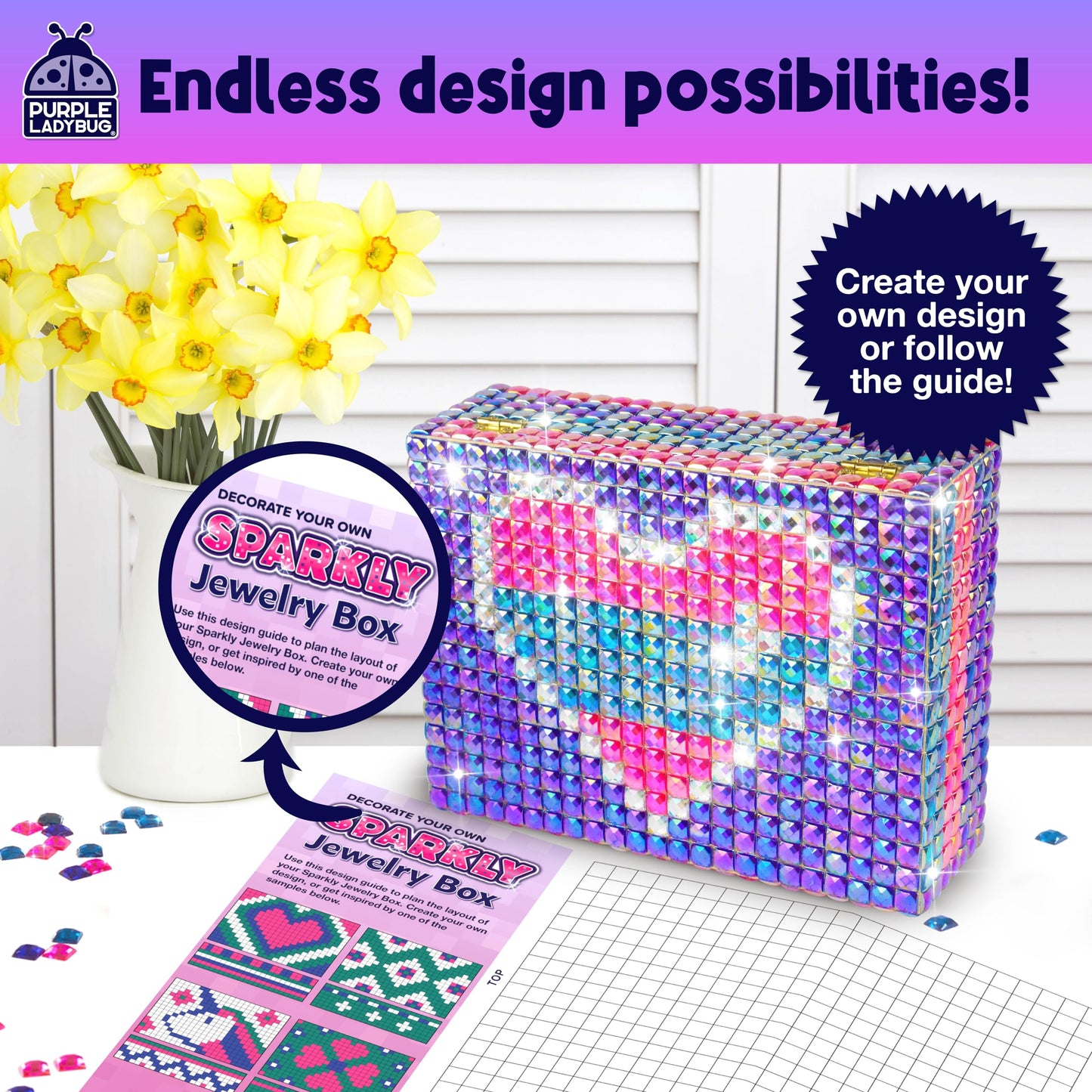 PURPLE LADYBUG Sparkly Jewelry Box Kit with Gems – Arts & Crafts for Kids 8-12, Wooden, Fun Easter & Birthday Gift