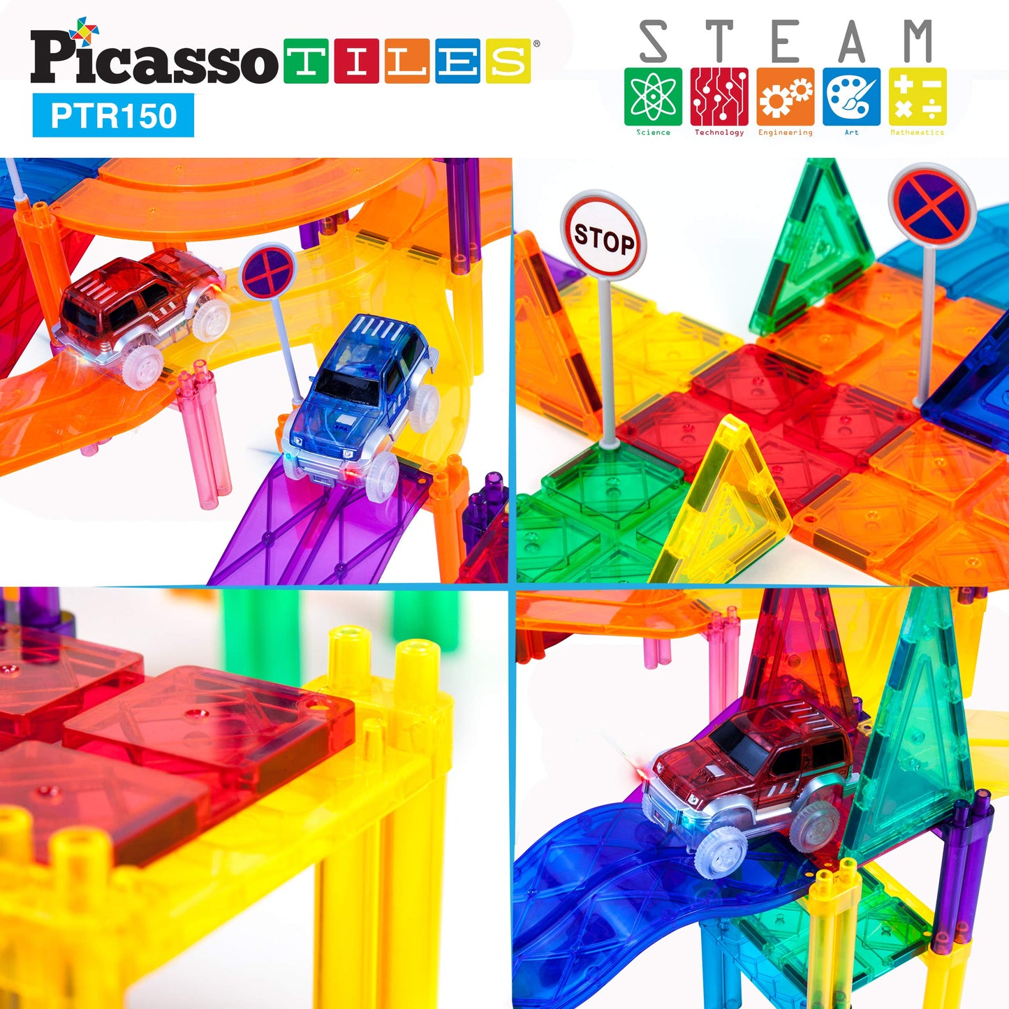 Picassotiles 150 Piece Race Car Track Building Block Educational Toy Set Magnet Tile Magnetic Blocks Playset 4 Cars Early Stem L