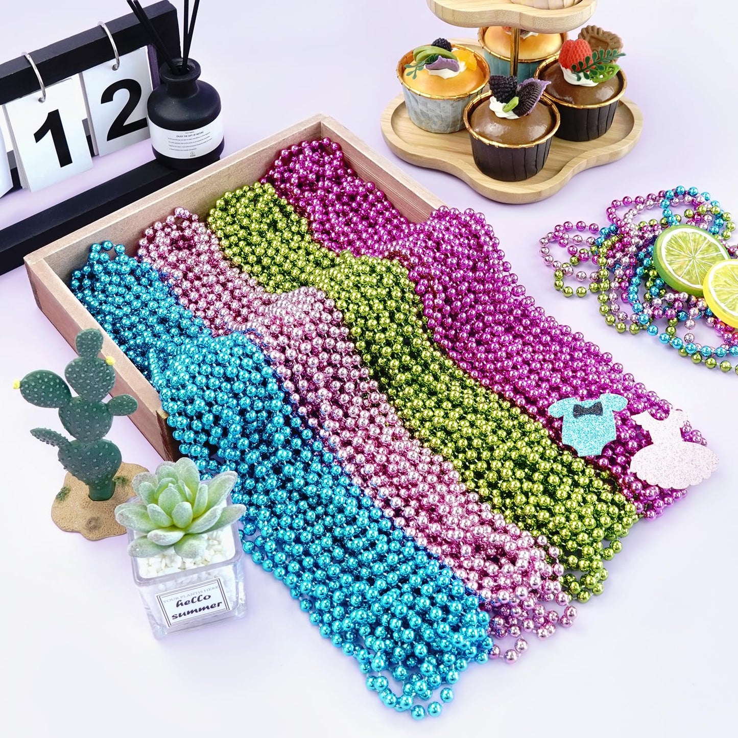 Saiaokj 16Pcs Teal Plastic Round Beaded Necklaces, 33Inch Mardi Gras Party Decoration Supplies
