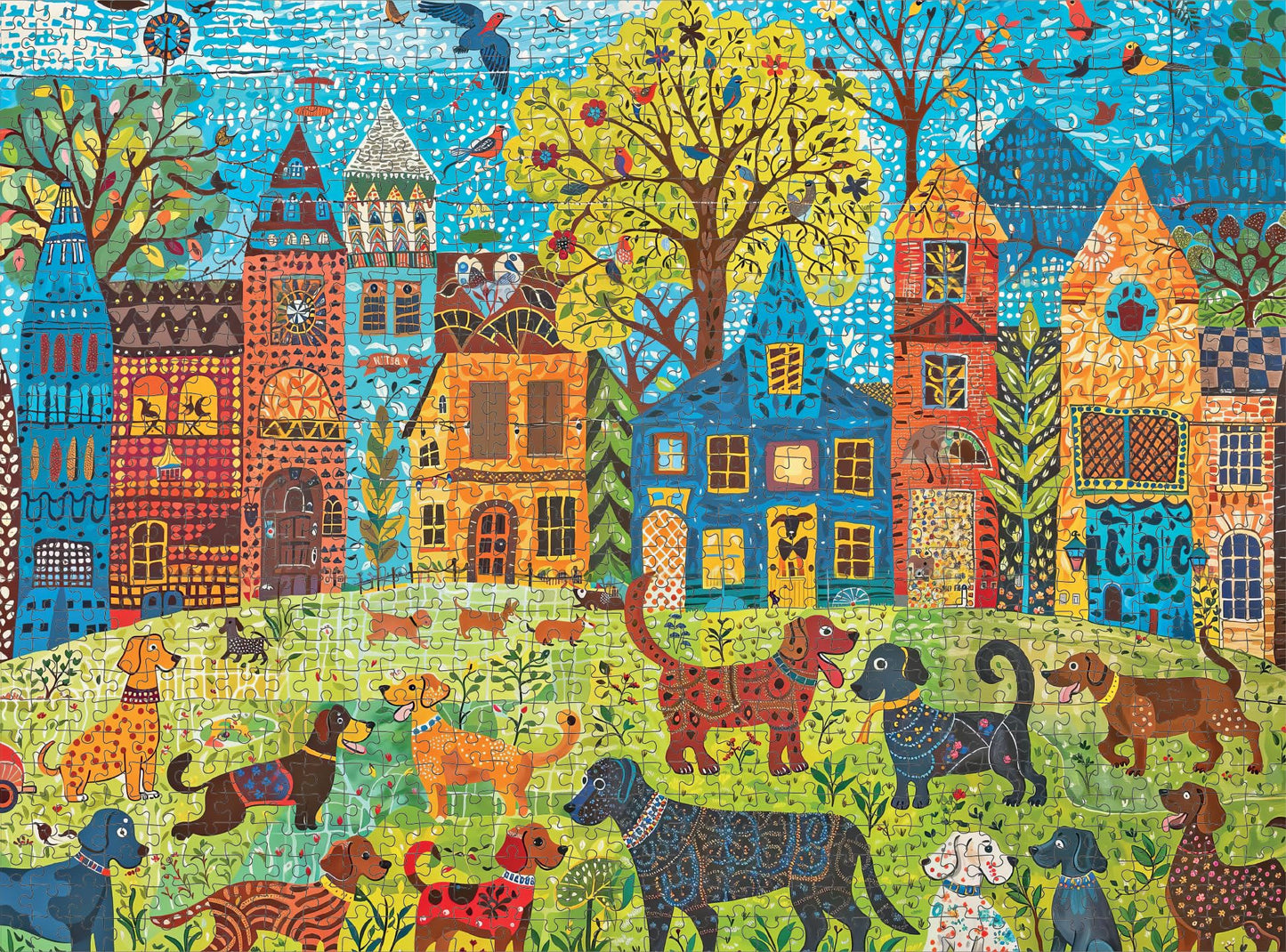 Cross & Glory - Colorful Canines: A Dog Park Day - 1000 Piece Folk Art Style Jigsaw Puzzle For Adults | Vibrant City Scene With Playful Pups | Perfect For Dog Lovers