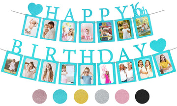 Sweet 16 Birthday Decorations Photo Banner In Blue Pre-Assembled - Sweet 16 Banner With Sixteen Photo Card Frames Party Supplies