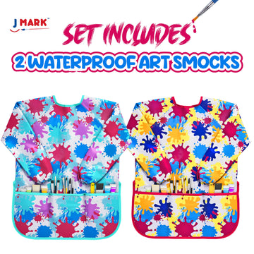 Art Smock Painting Apron - (Pack of 2) Long Sleeve and 2 Pockets for Arts & Crafts - Waterproof Artist Paint Shirt Colorful
