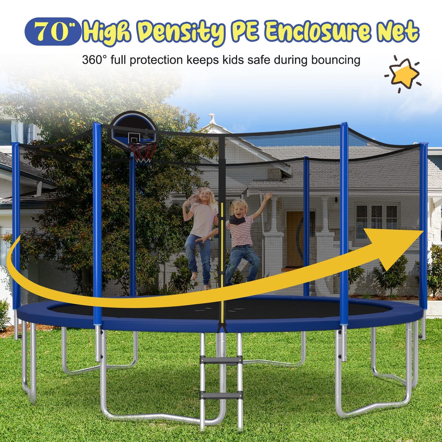 Goplus Outdoor Trampoline, 12Ft 14Ft 15Ft 16Ft Astm Approved Trampoline W/Basketball Hoop, Enclosure Net, Safety Pad, Ladder, Recreational Trampoline For Kids And Adults (External-Net, 14 Ft)
