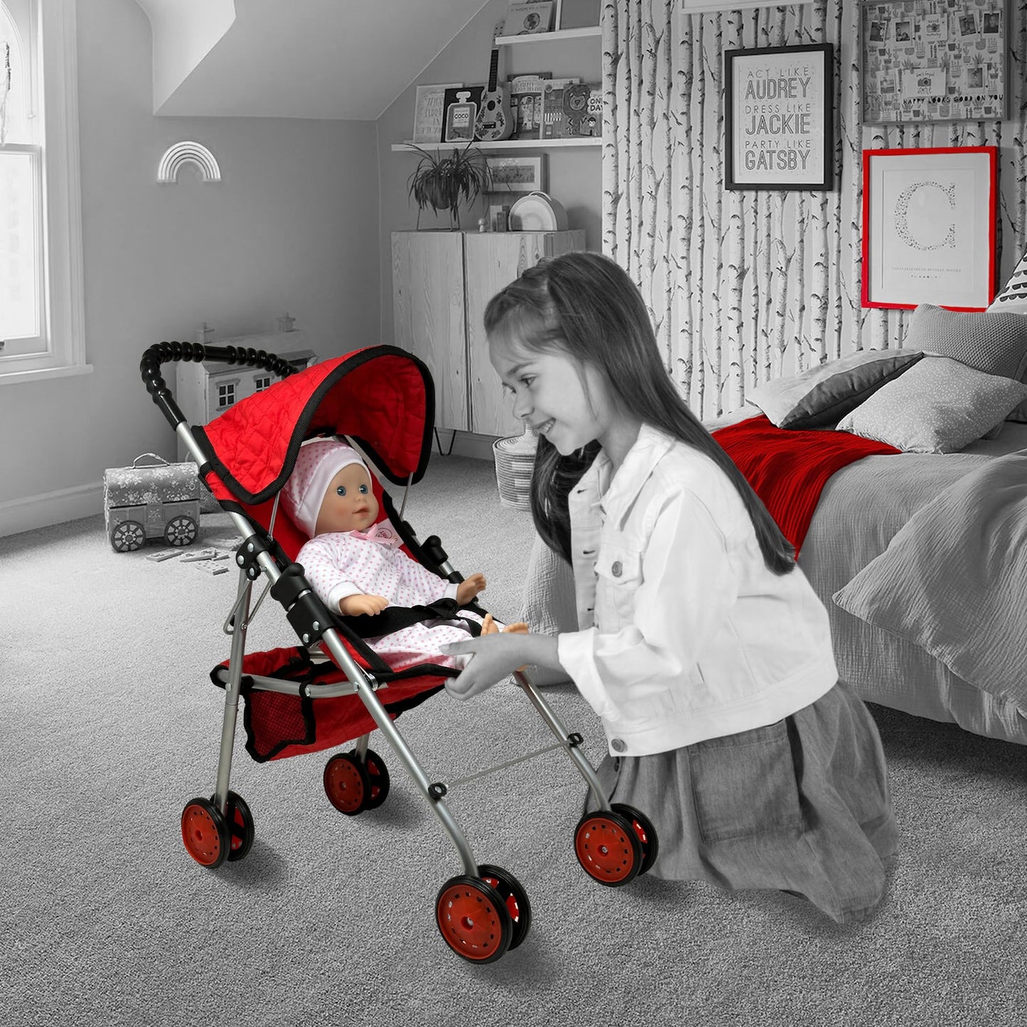 The New York Doll Collection My First Doll Stroller with Basket, Foldable Doll Stroller (Red Quilted)