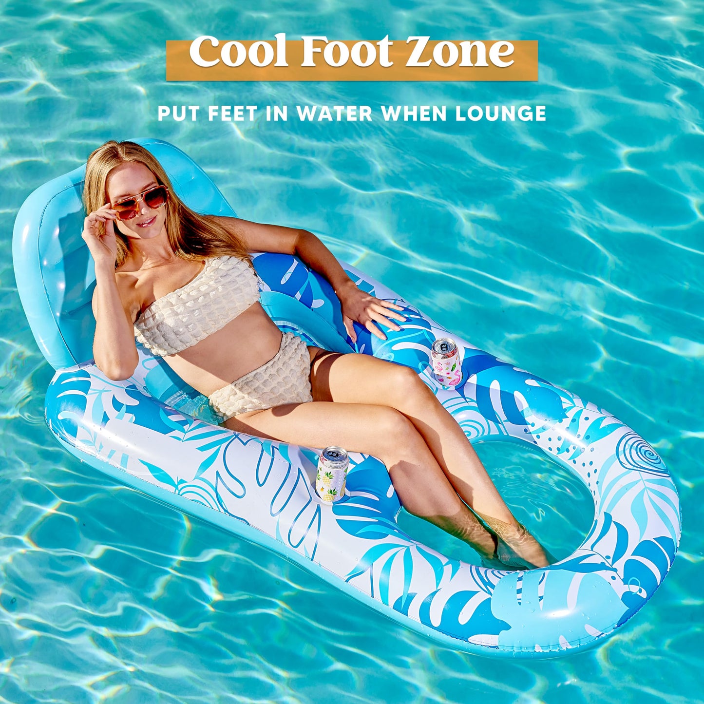 Sloosh Pool Lounge Float mature-themed  Inflatable Pool Floats Lounger Raft Floaties Water Floating Recliner Chair with Cup Holders Foot Rest Swimming Pool Floaty  Blue