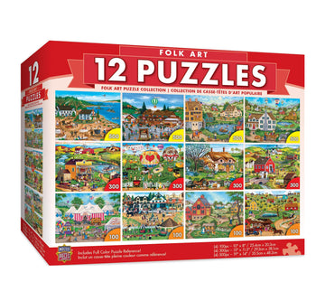 Masterpieces 12 Pack Jigsaw Puzzles For Adults, Family, Or Kids - Folk Art 12-Pack Bundle